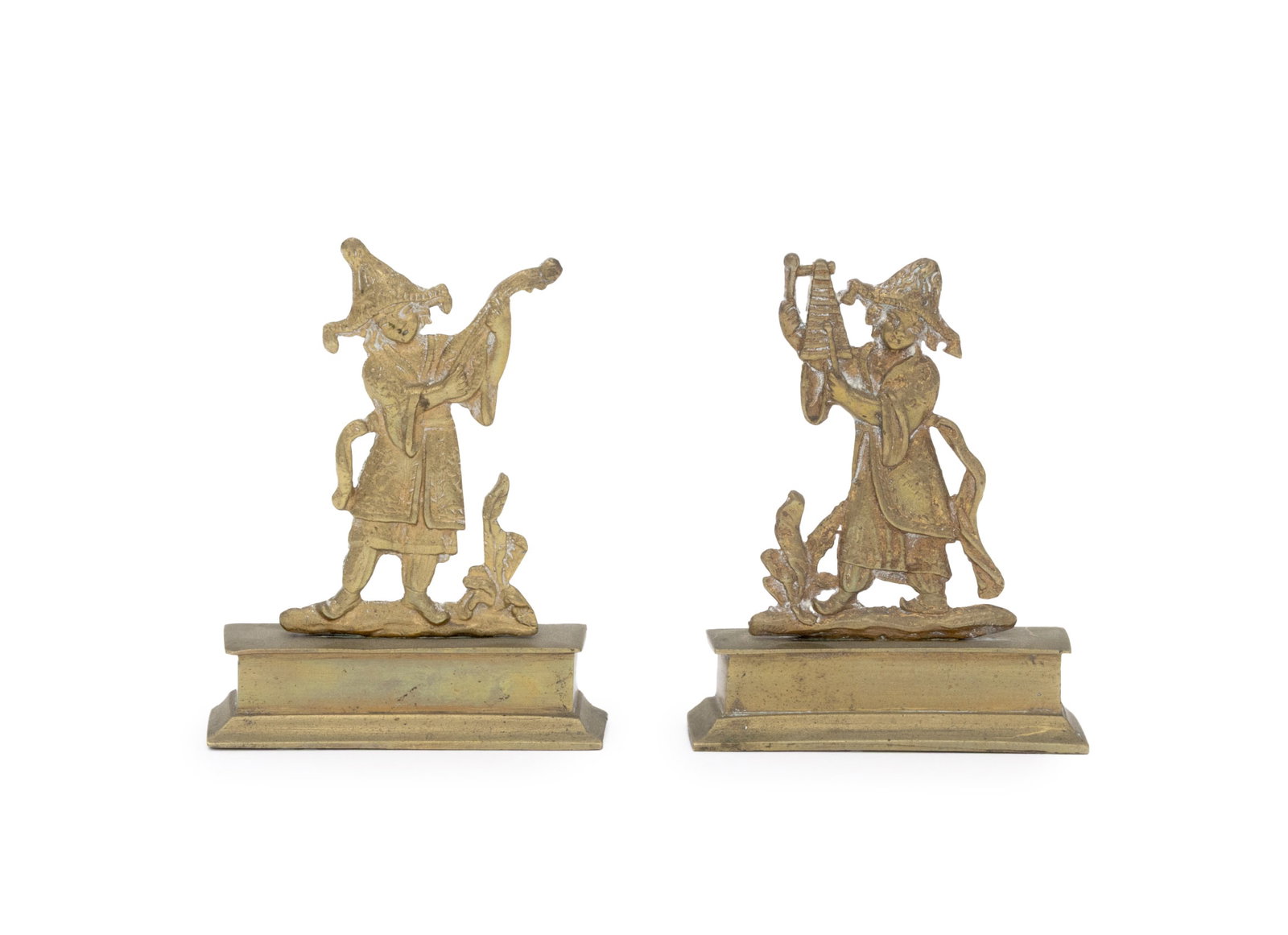French Chinoiserie Style Musician Figurines, Pair: Pair of French Chinoiserie Style Musician Gilt Brass Figurines, 19th century. 4.25" H x 3.5" W x 0.75" D. Provenance: From an East 79th Street Estate. Keywords: Diminutive chenets, Figural, Figurative