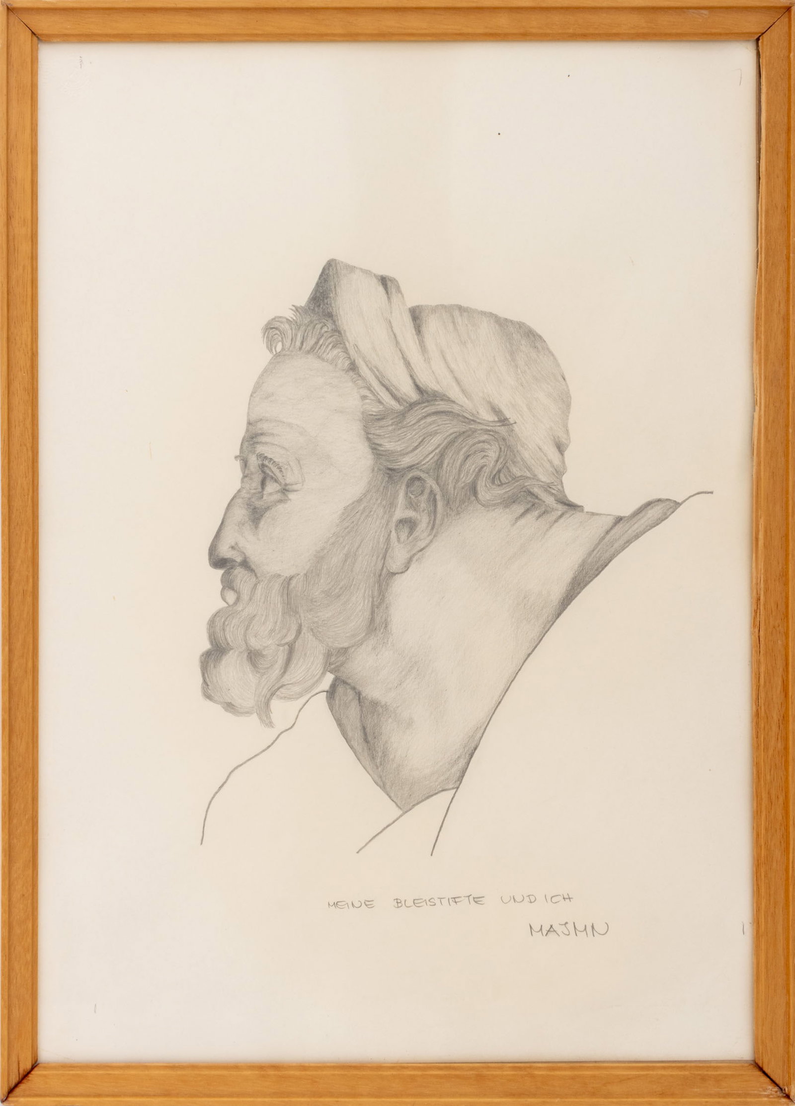 After Michelangelo "Ezekiel" Pencil on Paper, 1966: After Michelangelo (Italian, 1475-1564), "Ezekiel", Pencil on Paper, 1966, illegibly signed "MA ... (?)" and inscribed in German "Meine Bleistifte Und Ich" [My Pencils and Me] lower right, signed and 