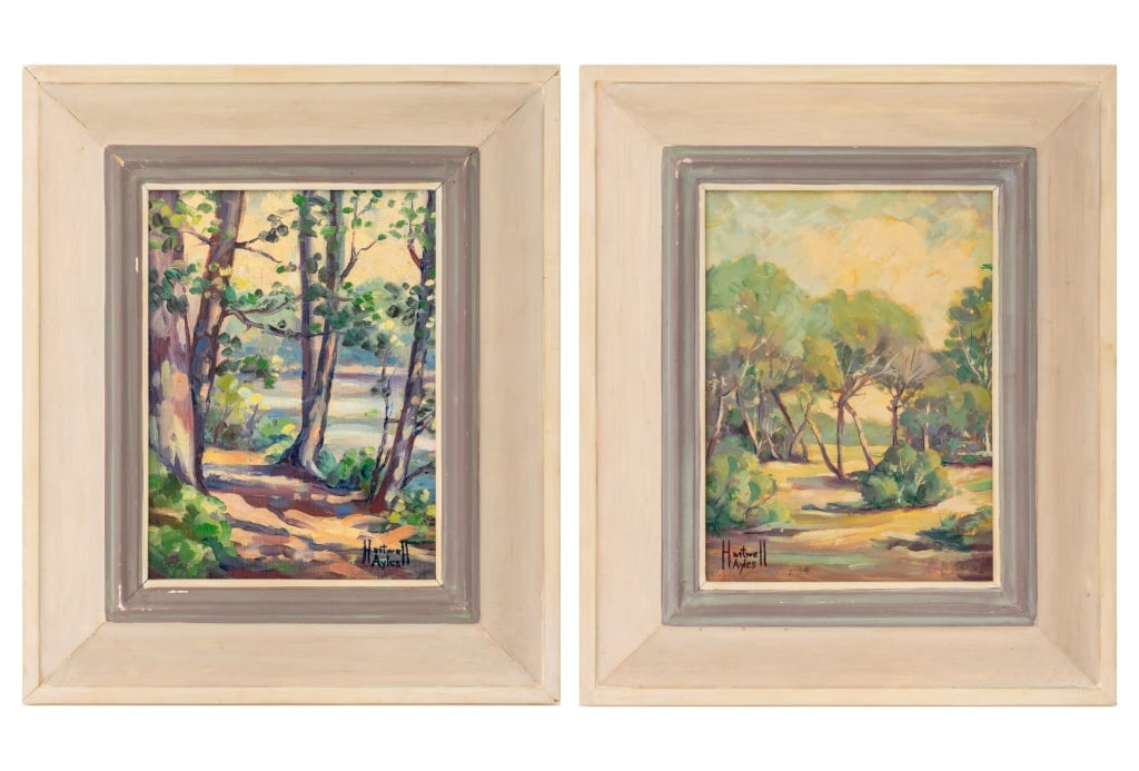 Hartwell Ayles Landscape Scenes Oil on Panel, 2: Hartwell James Ayles (American, 1898-1975), Two Landscape Scenes, Oil on Panel, each signed lower right, painted wood frames. Each image: 8.25" H x 6" W; frame: 14" H x 11.75" W. Provenance: From a
