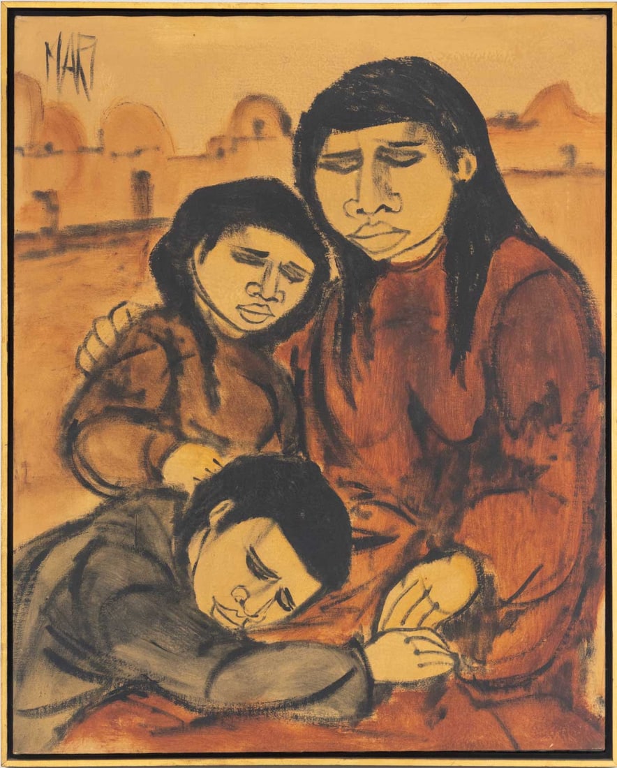 Signed Mother and Two Children Oil on Canvas: 20th Century School, Mother and Two Children, Oil on Canvas, signed "Mari" upper left, wood frame. Image: 30" H x 24.25" H; frame: 31.25" H x 25.25" W x 1.25" D. Provenance: From an Upper East Side