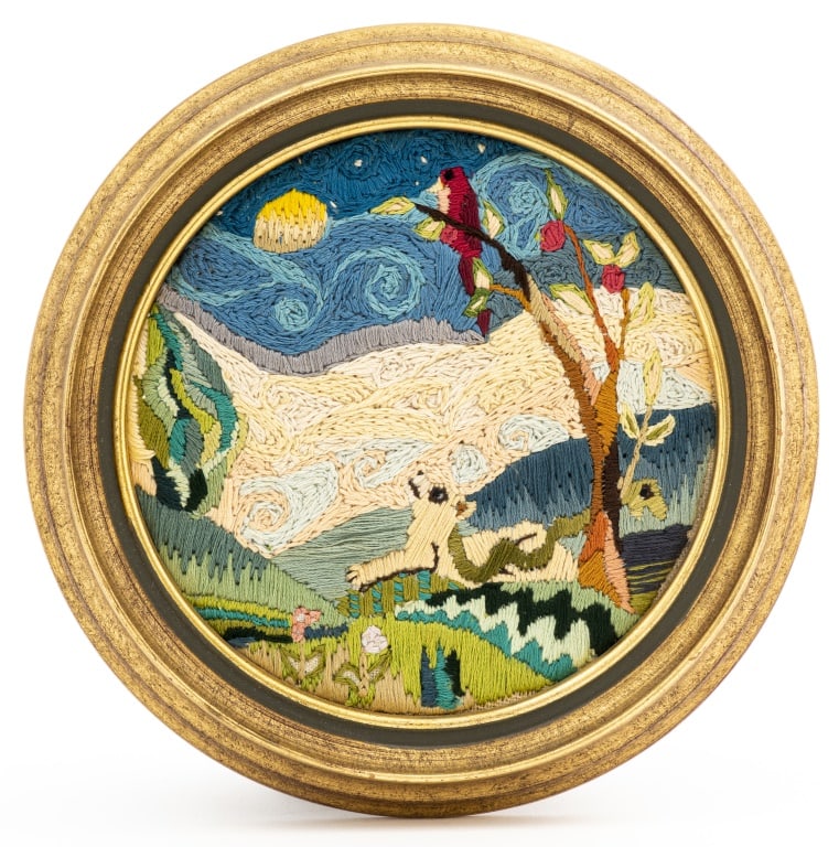 Folk Art Hand-Embroidered Landscape Scene: Folk Art Hand-Embroidered Landscape Scene, unsigned. Image: 5.5" Diameter; frame: 7.5" Diameter x 1" D. Provenance: From a New York City Collection. Keywords: Embroidery, Textile Art, Fiber Art, Needl