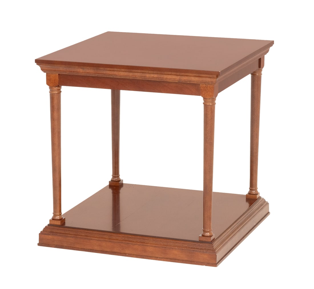 Empire Style Two-Tier Walnut Side Table: Empire Style Two-Tier Walnut Side Table, with four columnar supports and stepped square base. 24" H x 24" W x 24" D. Provenance: From a Tarrytown, New York Estate. Keywords: Neoclassical Style, Vintag