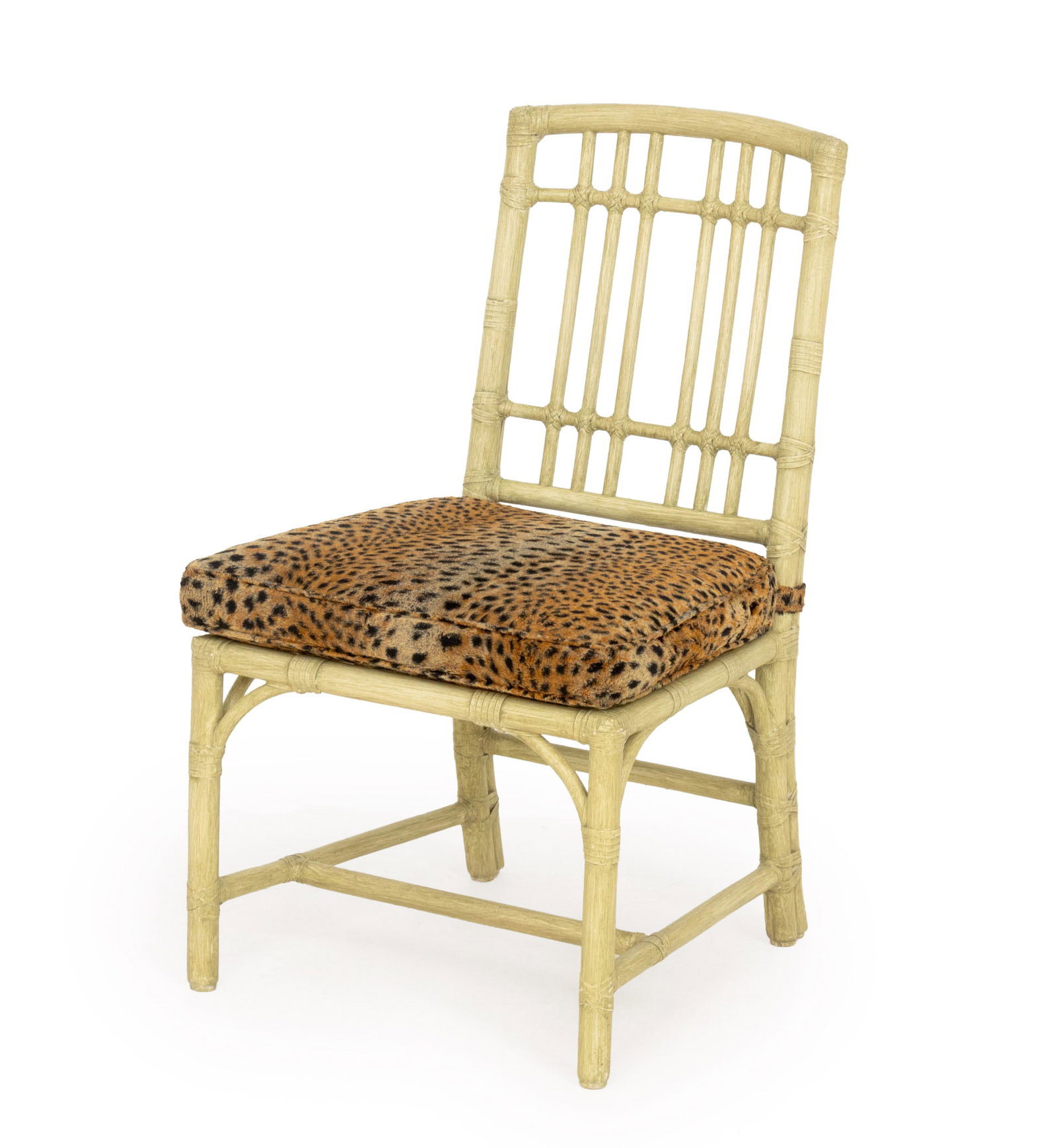Modern Green Painted Faux Bamboo Side Chair: Modern Green Painted Faux Bamboo Side Chair, with leopard print upholstered cushion. 34.5" H x 20" W x 19" D; 17.5" H. Provenance: From an Upper East Side Estate. Keywords: Vintage Furniture,