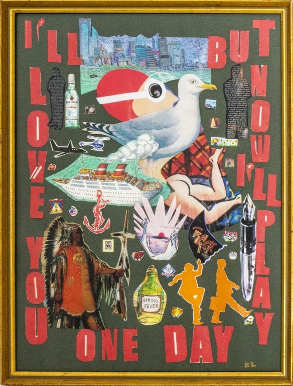 Kayo Lennar "Promising Trips ..." Collage, 2008: Kayo Lennar (French/American, b. 1923), "Promising Trips ...", Collage on Board, 2008, initialed lower right, signed and dated verso, giltwood frame. Image: 21.25" H x 16" W; frame: 23" H x 17.5" W. P
