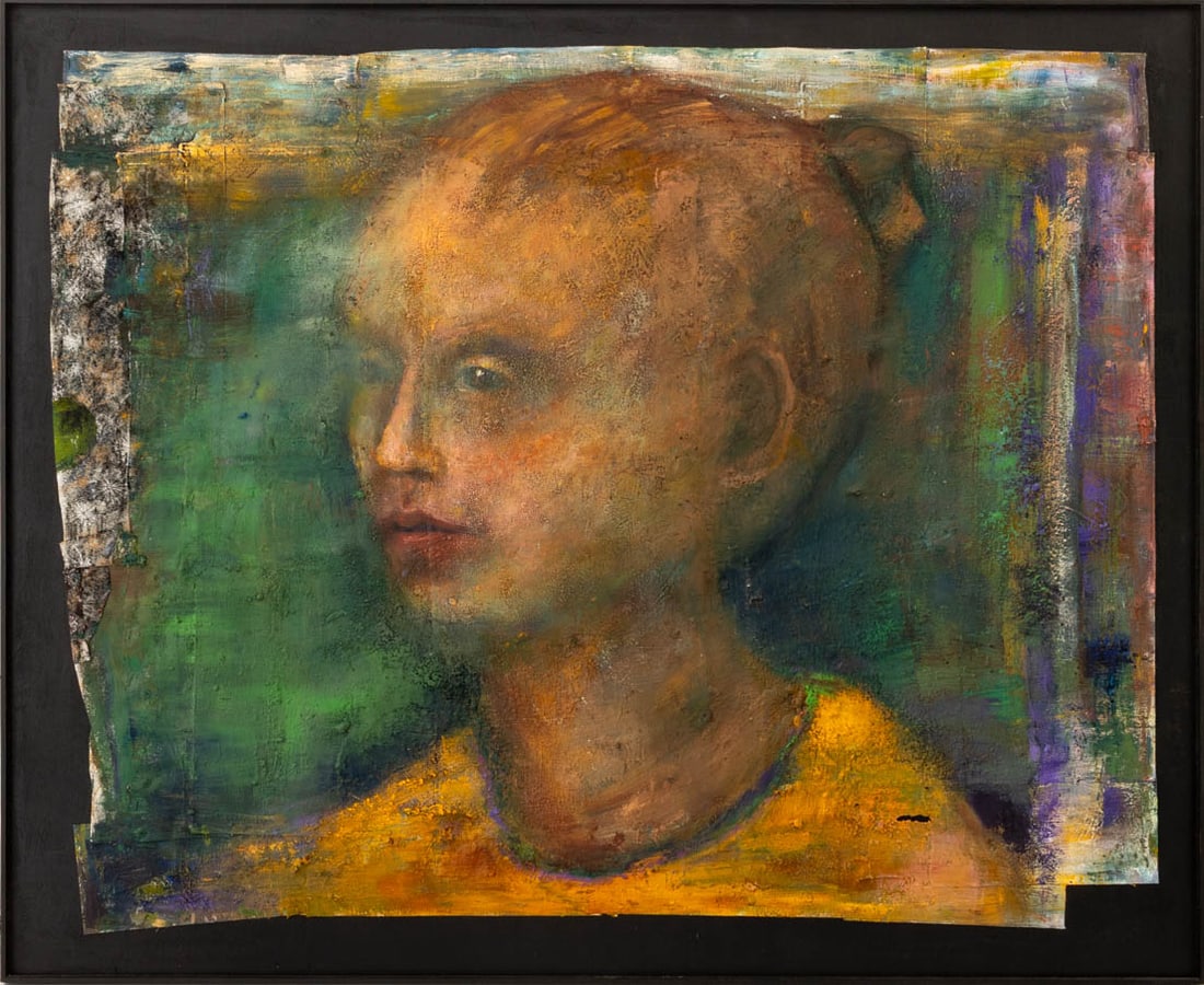 Lesley Kushner Portrait of a Girl Mixed Media: Lesley Kushner (American, XX-XXI), Portrait of a Young Girl, Mixed Media Mounted on Panel, 2008-2013, signed and dated verso, black frame. Image: 35.25" H x 45" W; frame: 40.25 H x 49" W. Provenance: 