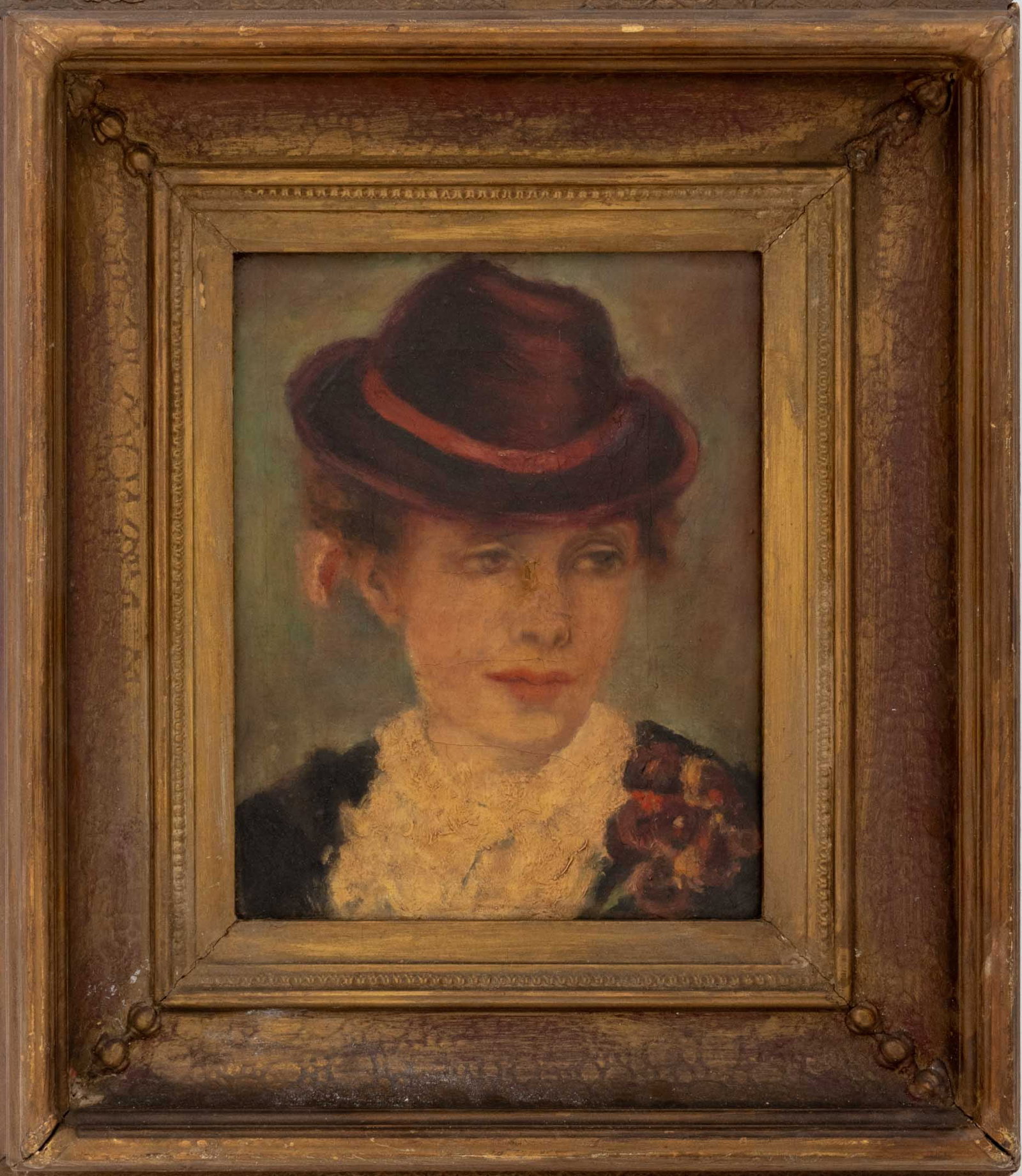 After Renoir Portrait of a Woman Oil on Canvas: After Pierre-Auguste Renoir (French, 1841-1919), Portrait of a Woman Wearing a Red Hat, Oil on Canvas, giltwood frame. Image: 8.75" H x 6.75" W; frame: 15.75" H x 13.75" W x 3" D. Provenance: From an 