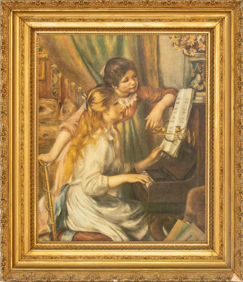 After Renoir "Jeunes Filles au Piano" Giclee: After Pierre-Auguste Renoir (French, 1841-1919), "Jeunes Filles au Piano" [Young Girls at the Piano], Giclee Print in Colors on Canvas, ornate giltwood frame. Image: 26.5" H x 21.5" W; frame: 36" H x