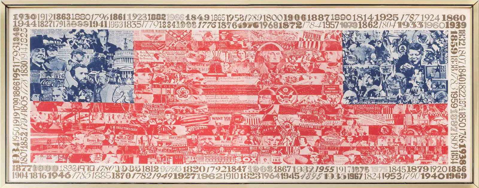 Kenneth M. Zeran "Family Portrait 1976" Serigraph: Kenneth Michael Zeran (American, XX-XXI), "Family Portrait 1976", Serigraph in Colors, gold-tone metal frame. Image: 19.75" H x 48.25" W; frame: 22.25" H x 51.25" W x 1.25" D. Provenance: From a