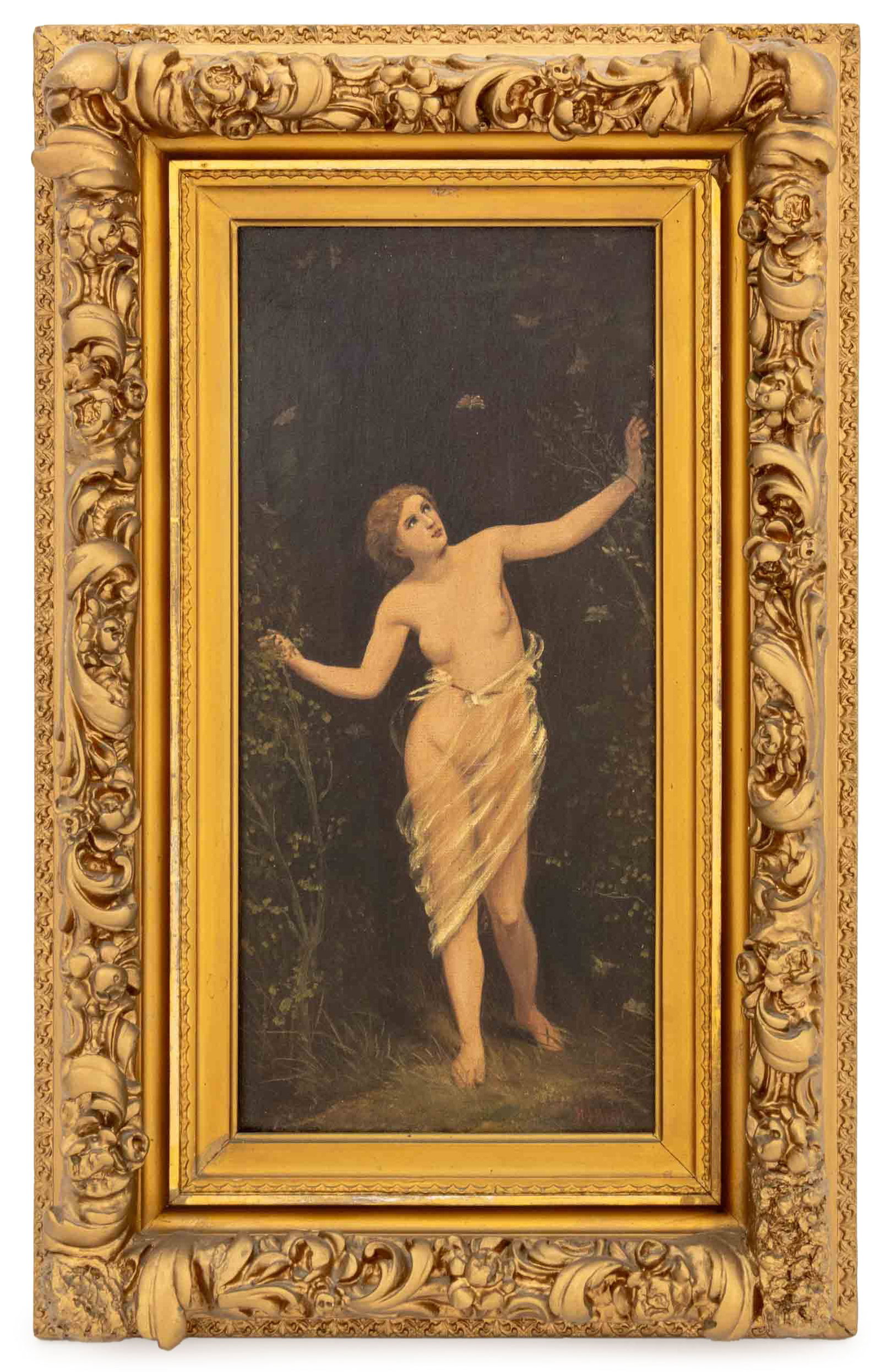 H.J. Brook Nude Woman & Butterflies Oil on Canvas: H.J. Brook (XIX-XX), Nude Woman and Butterflies Amongst a Forest Landscape Scene, Oil on Canvas, signed in red lower right, giltwood frame. Image: 16.25" H x 7.5" W; frame: 24" H x 15" W x 3" D.