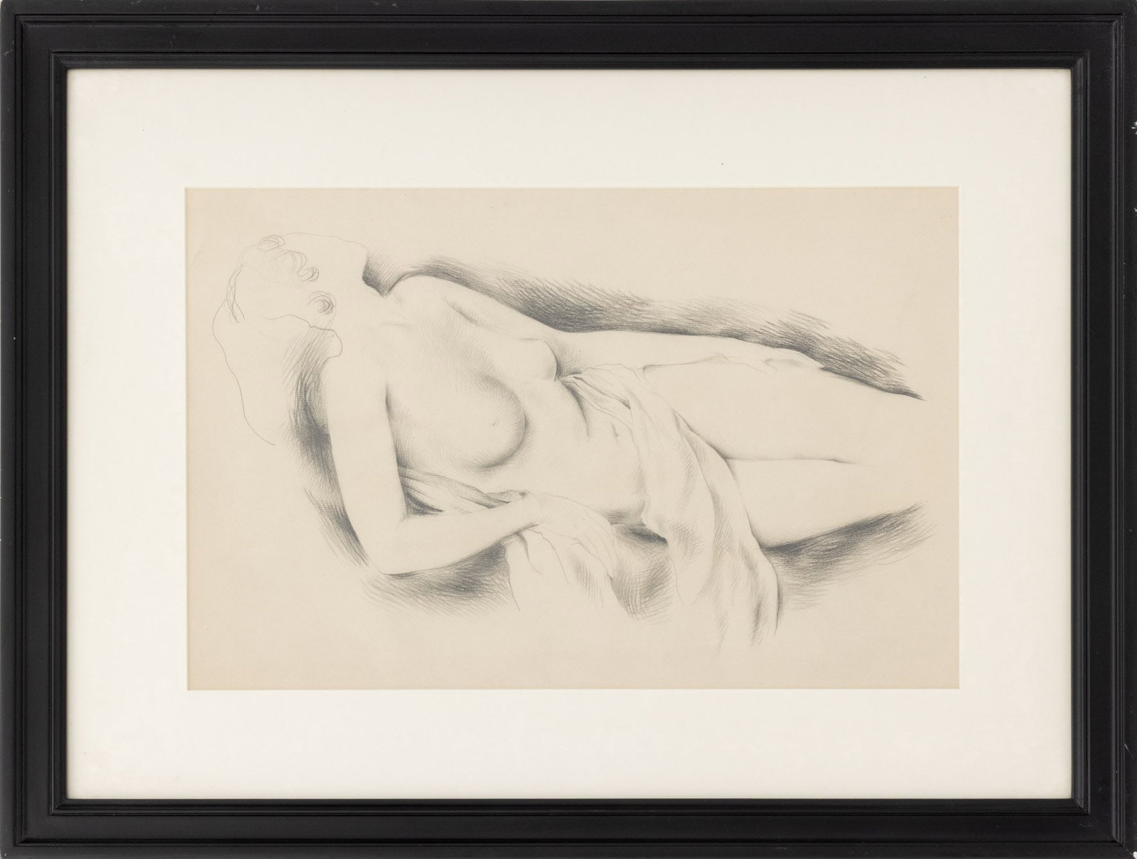 Reclining Nude Female Charcoal and Graphite: 20th Century School, Reclining Nude Female Figure, Charcoal and Graphite on Paper, unsigned, ebonized wood frame. Image: 11" H x 17" W; frame: 18.75" H x 24.75" W x 1" D. Provenance: From a New York