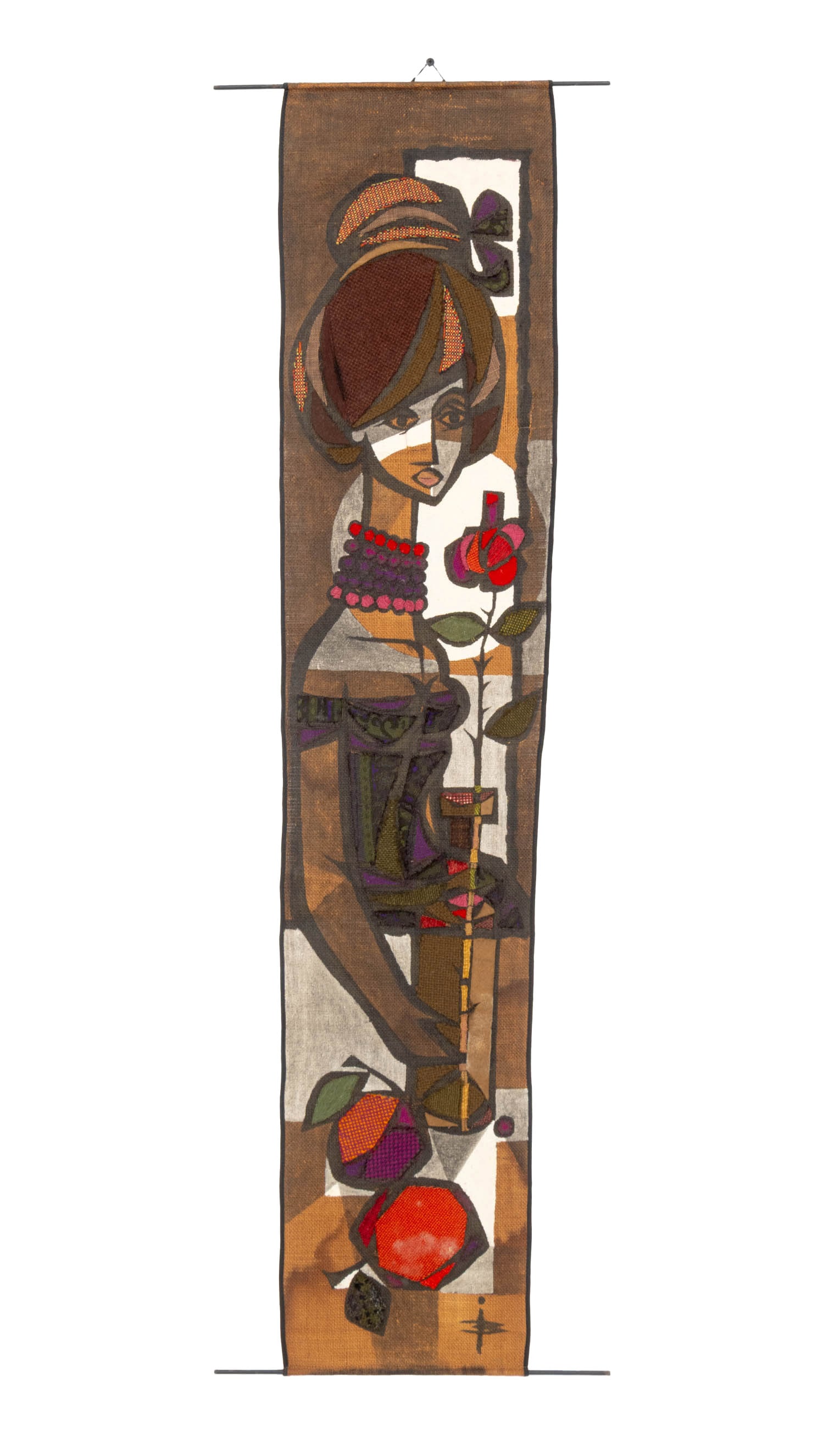 Illegibly Signed Woven Patchwork Portrait Tapestry: Modern Woven Patchwork Portrait Tapestry, depicting a woman with flowers and fruit, with iron hanging mounts, illegibly signed lower right. Overall: 48" L x 15" W. Provenance: From a Long Island, New 