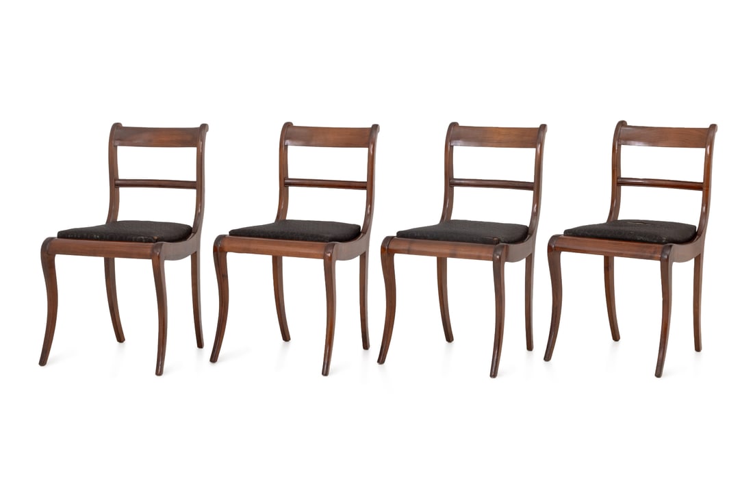 Regency Style Mahogany Dining Chairs, 4: Set of Four Regency Style Mahogany Dining Chairs, with floral print black fabric upholstered seats. 32.5" H x 18" W x 17.5" D; seat: 19.25" H. Provenance: From a 45 East 62nd Street Collection.