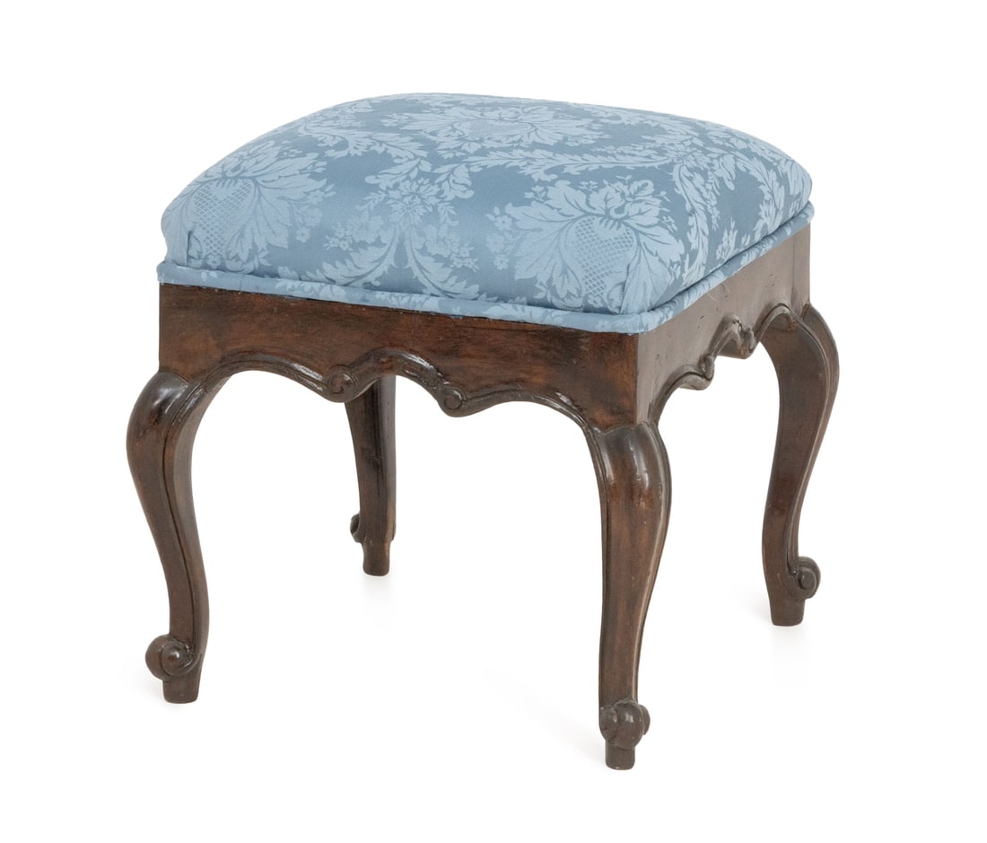 Victorian Style Blue Damask Upholstered Ottoman: Victorian Style Blue Damask Upholstered Ottoman, with mahogany stained wood cabriole legs. 19" H x 19" W x 19" D. Provenance: From a West End Avenue Collection. Keywords: Vintage Furniture,
