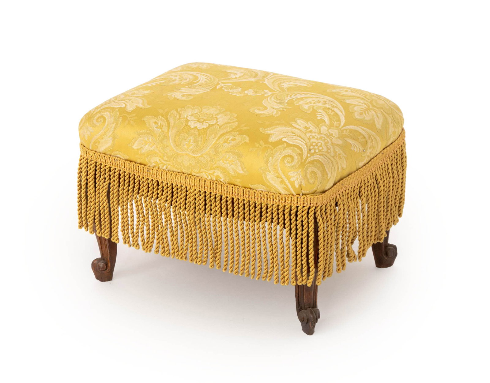 Louis XV Style Yellow Damask Upholstered Ottoman: Louis XV Style Yellow Damask Upholstered Ottoman, with fringe tassels and carved walnut cabriole legs. 11" H x 15.5" W x 12" D. Provenance: From a West End Avenue Collection. Keywords: Vintage