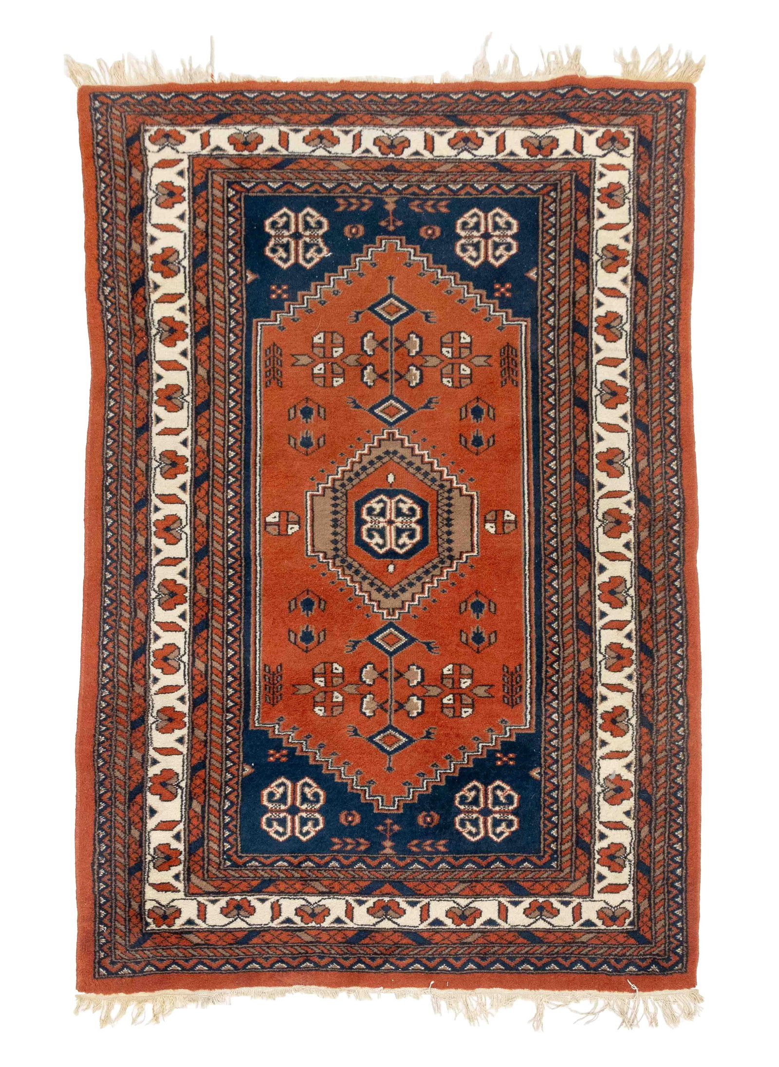 Turkish Kilim Rug, 6' 2" x 3' 11": Turkish Kilim Wool Rug, with geometric design on burnt orange and navy blue ground. 6' 2" L x 3' 11" W. Provenance: A Brooklyn Heights, New York Estate. Keywords: Carpets, Area rug, Floor coverings,