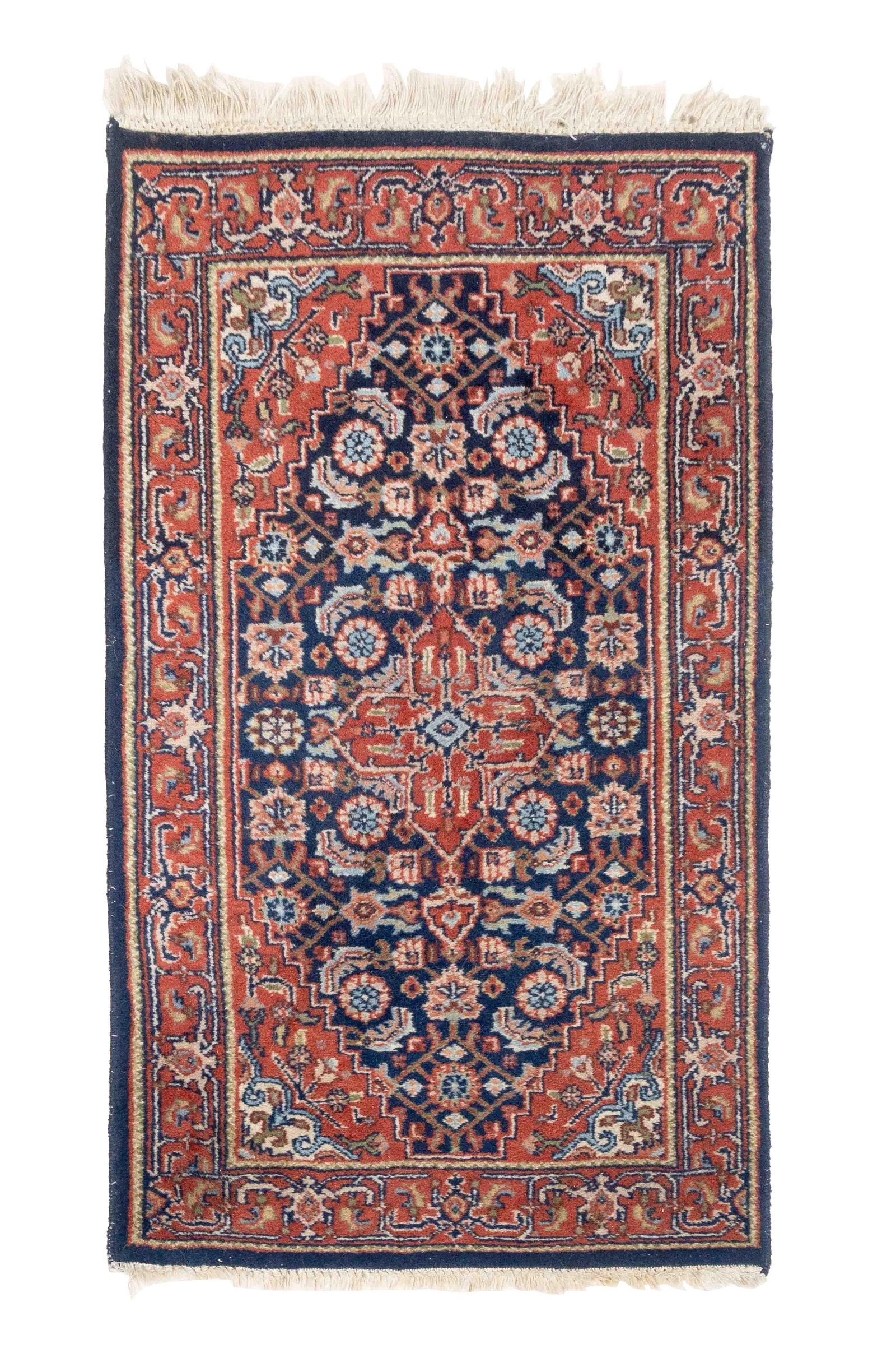 Persian Hamadan Rug, 3' 2" x 2': Persian Hamadan Wool Rug, with floral and geometric design on blue and red ground. 3' 2" L x 2' W. Provenance: The Morningside Heights Estate of an Academic. Keywords: Carpets, Floor coverings, Area