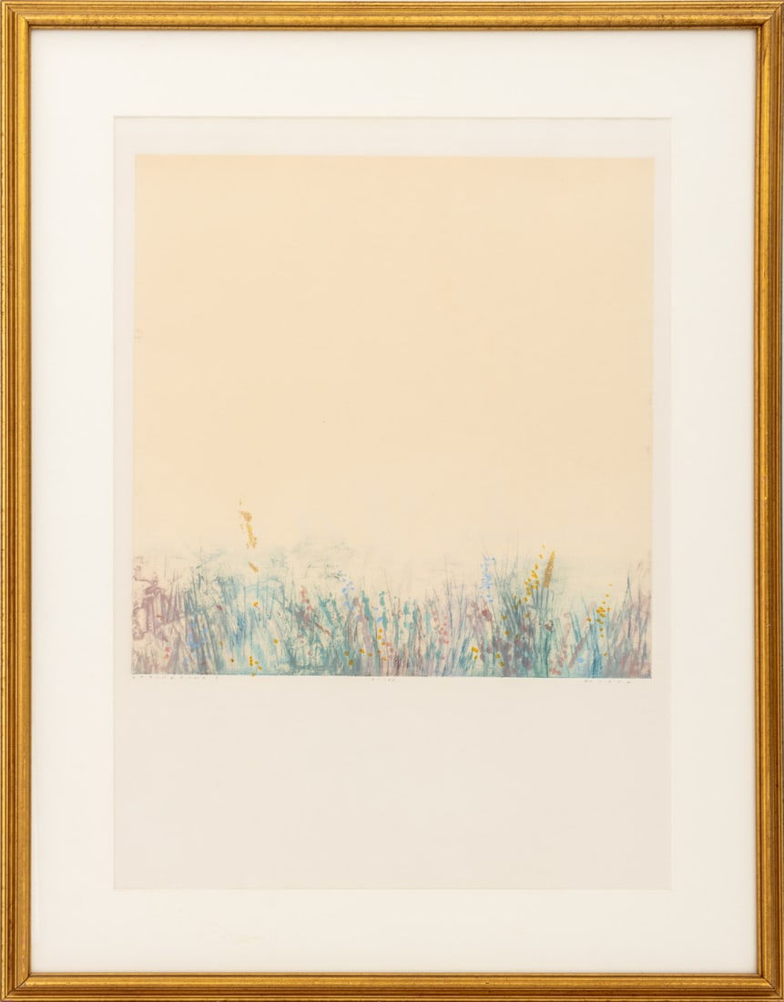 Signed "Springtime I" Aquatint in Colors: Contemporary School, "Springtime I", Aquatint in Colors with Gold-Leaf and Hand Embellishments, signed in pencil "Vista" lower right, titled lower left, and numbered edition "9/150" lower center, gilt