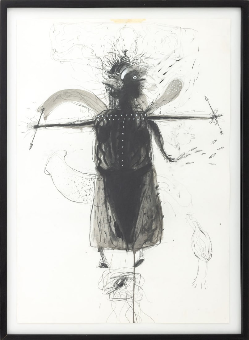 Robert Dandarov Surrealist Figure Charcoal: Robert Dandarov (Macedonian/American, b. 1959), Surrealist Figure, Charcoal and Watercolor on Paper, unsigned, ebonized wood frame. Image: 21.75" H x 15.75" W; frame: 24.25" H x 17.75" W x 1.5" D. Pro