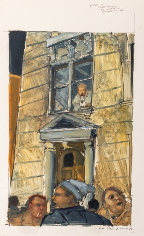 Michael Paraskevas Protests Acrylic on Paper, 1986: Michael Paraskevas (American, b. 1961), Protests in New York City, Acrylic on Paper, 1986, signed and dated to lower border, unframed. Image: 19" H x 12" W; sheet: 23" H x 14.5" W. Provenance: From a 