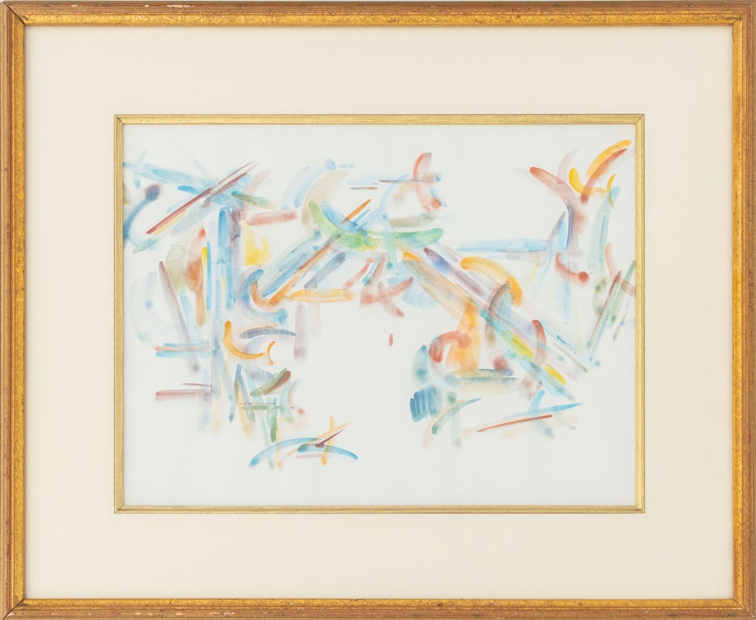Emmet Edwards Abstract Composition Watercolor: Emmet Edwards (American, 1906-1981), Abstract Composition, Watercolor on Paper, apparently unsigned, Estate of Emmet Edwards label verso, wood frame. Image: 13" H x 17.5" W; frame: 22" H x 26.5" W x 1