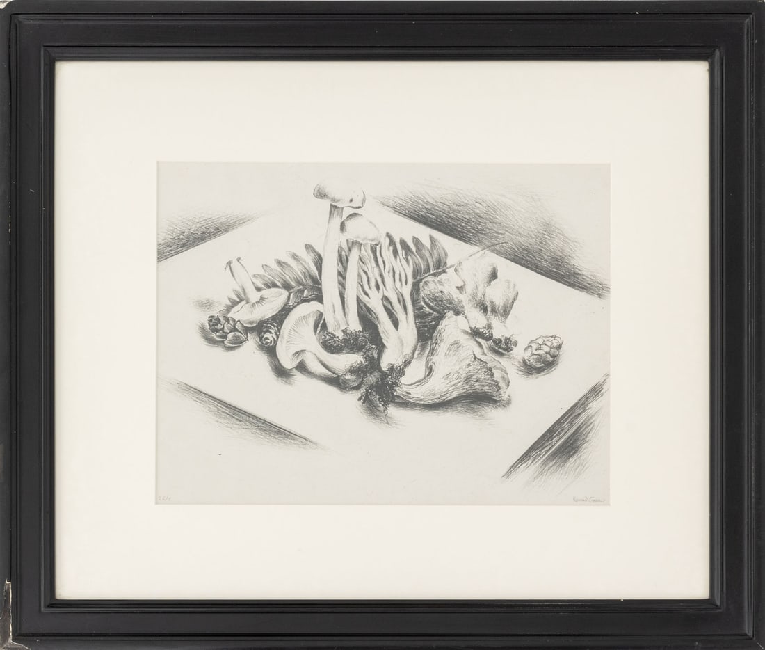 Illegibly Signed Mushroom Still Life Lithograph: 20th Century School, Still Life Scene of Mushrooms, Lithograph, illegibly signed in pencil "Howard (?)" lower right, numbered edition "26/1" lower left, ebonized wood frame. Image: 8.75" H x 11.5" W; 