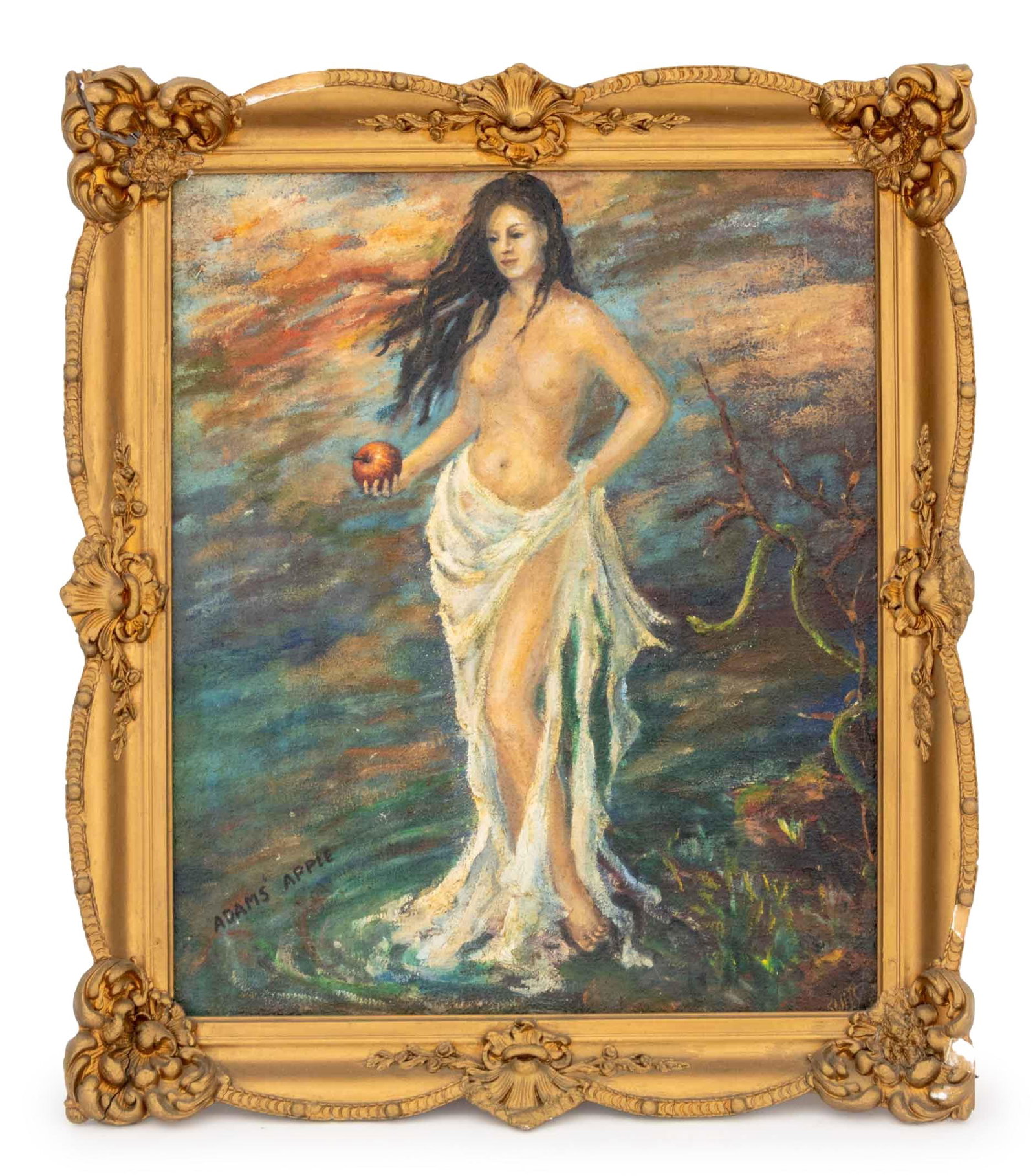 Swift "Adam's Apple" Oil on Panel: Swift (XX), "Adam's Apple", Oil on Panel, signed lower right, titled lower left, giltwood frame. Image: 23.5" H x 19.5" W; frame: 29" H x 25" W x 3" D. Provenance: From a West End Avenue Collection. K