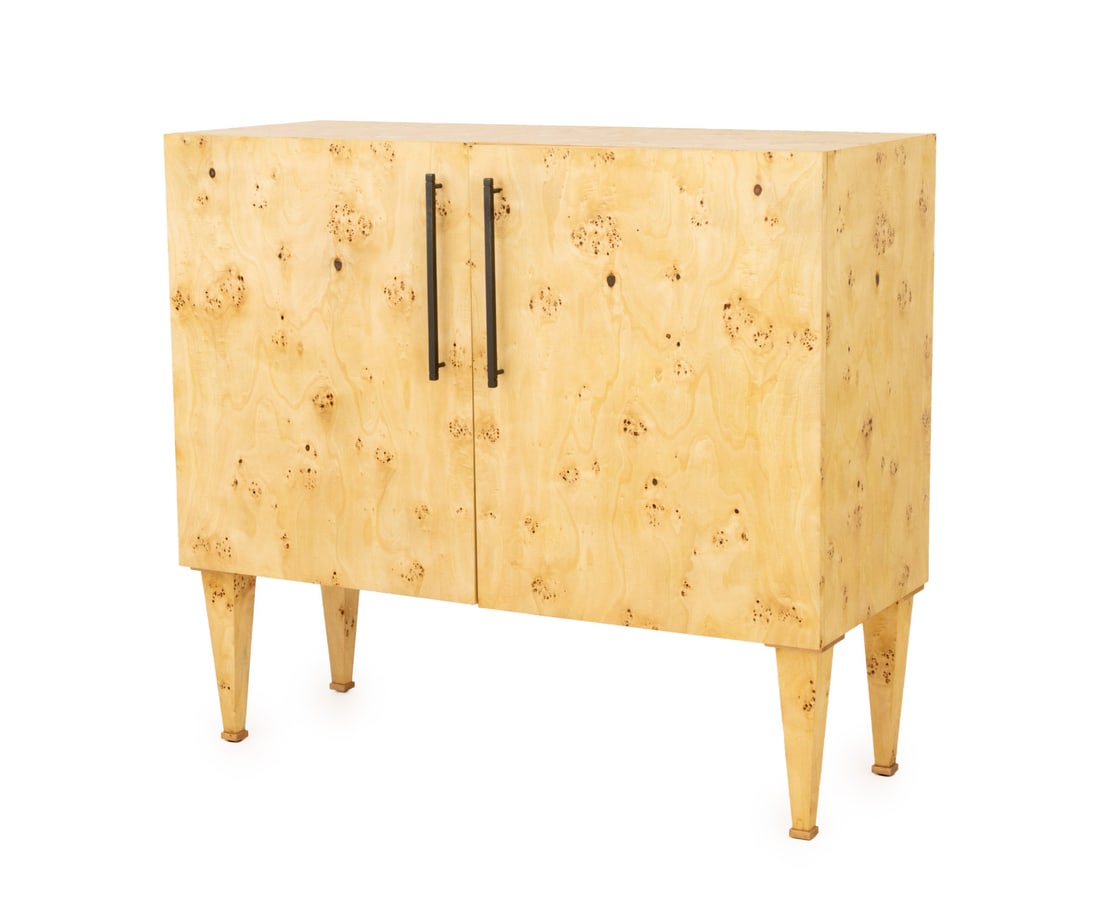 Contemporary Burl Poplar Cabinet: Contemporary Burr Poplar Cabinet, the two doors opening to four shelves on four tapered legs. 45" H x 50.25" W x 20" D. Provenance: From a One Central Park West Estate. Keywords: Contemporary