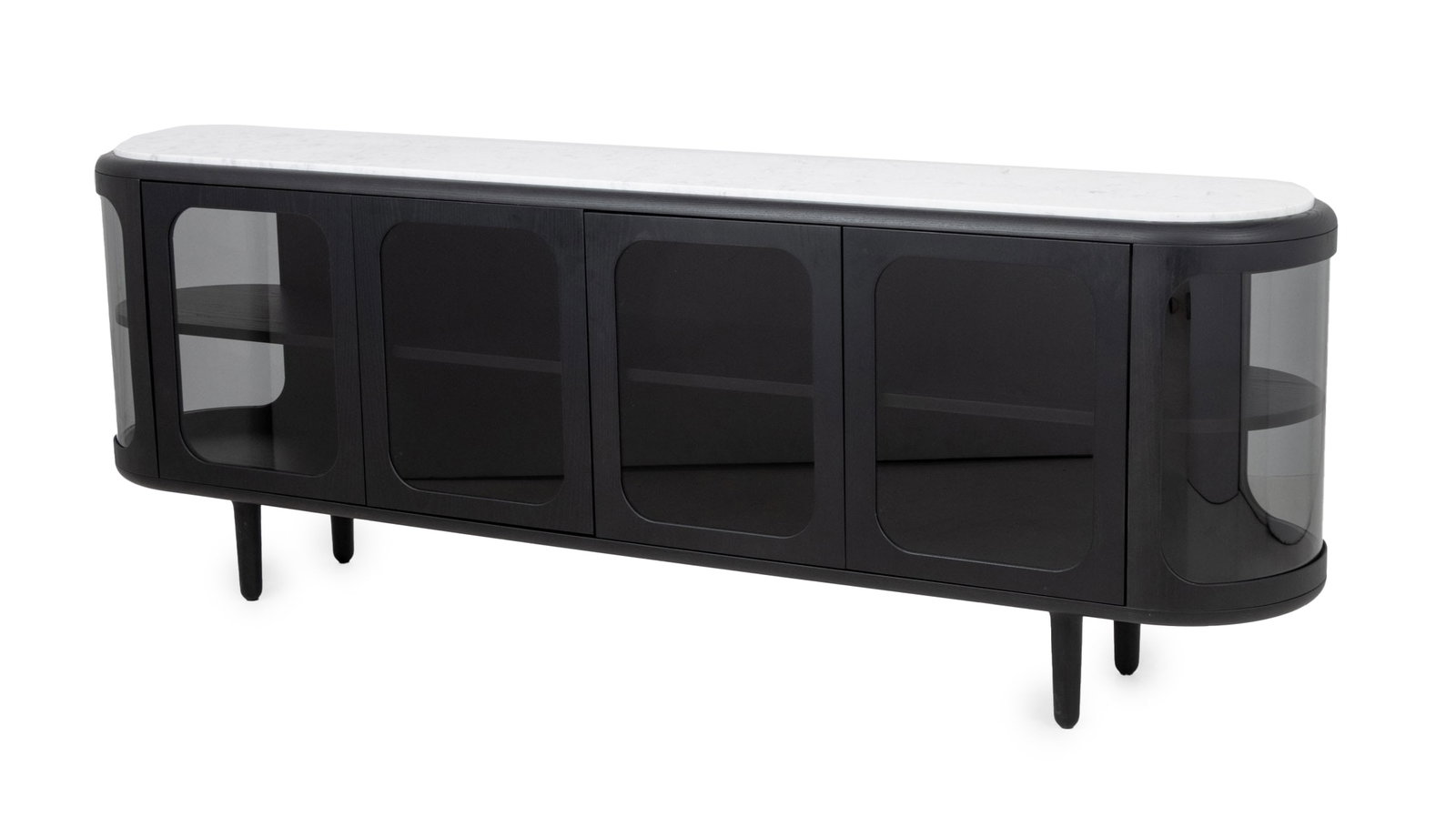 Matteo Zorzenoni "Settebello" Black Sideboard: Matteo Zorzenoni (Italian, b. 1978) "Settebello" Black Sideboard, with a white Carrara marble top above ebonized wood base with black glass paneled doors. 32" H x 87" W x 18" D. Provenance: From a