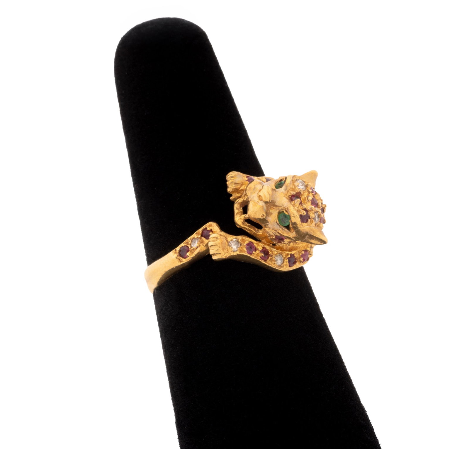 Leopard Form Ruby, Diamond, Emerald & Gold Ring: Ruby, Diamond, and Emerald Leopard Form 18K Yellow Gold Ring, featuring thirty six pave set rubies weighing a total of approx. 0.60 carat, further adorned with twelve pave set round brilliant cut diam