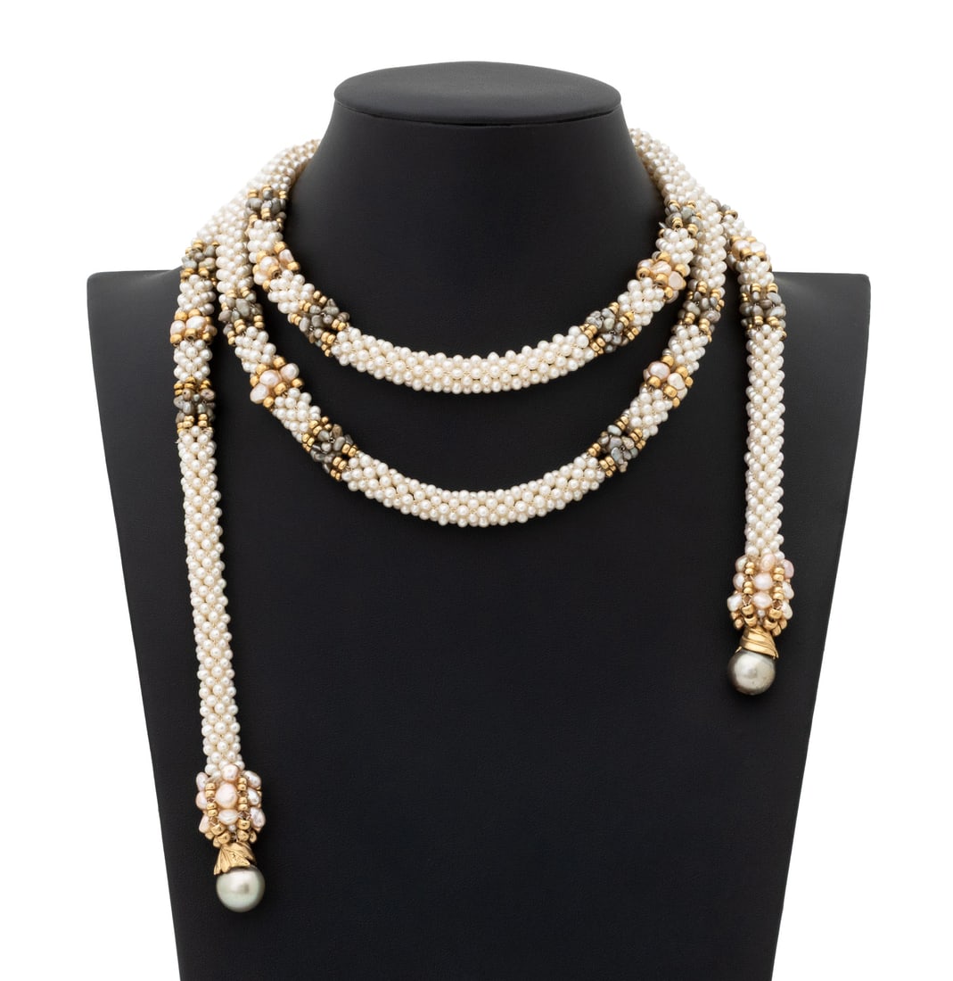 Yellow Gold and Cultured Pearl Wedding Garland: 14K Yellow Gold and Cultured Pearl Wedding Garland, designed with fully and half drilled cultured pearls approx. 3.0 - 13.0 mm, strung on silk cords in a right angle weave pattern, further decorated
