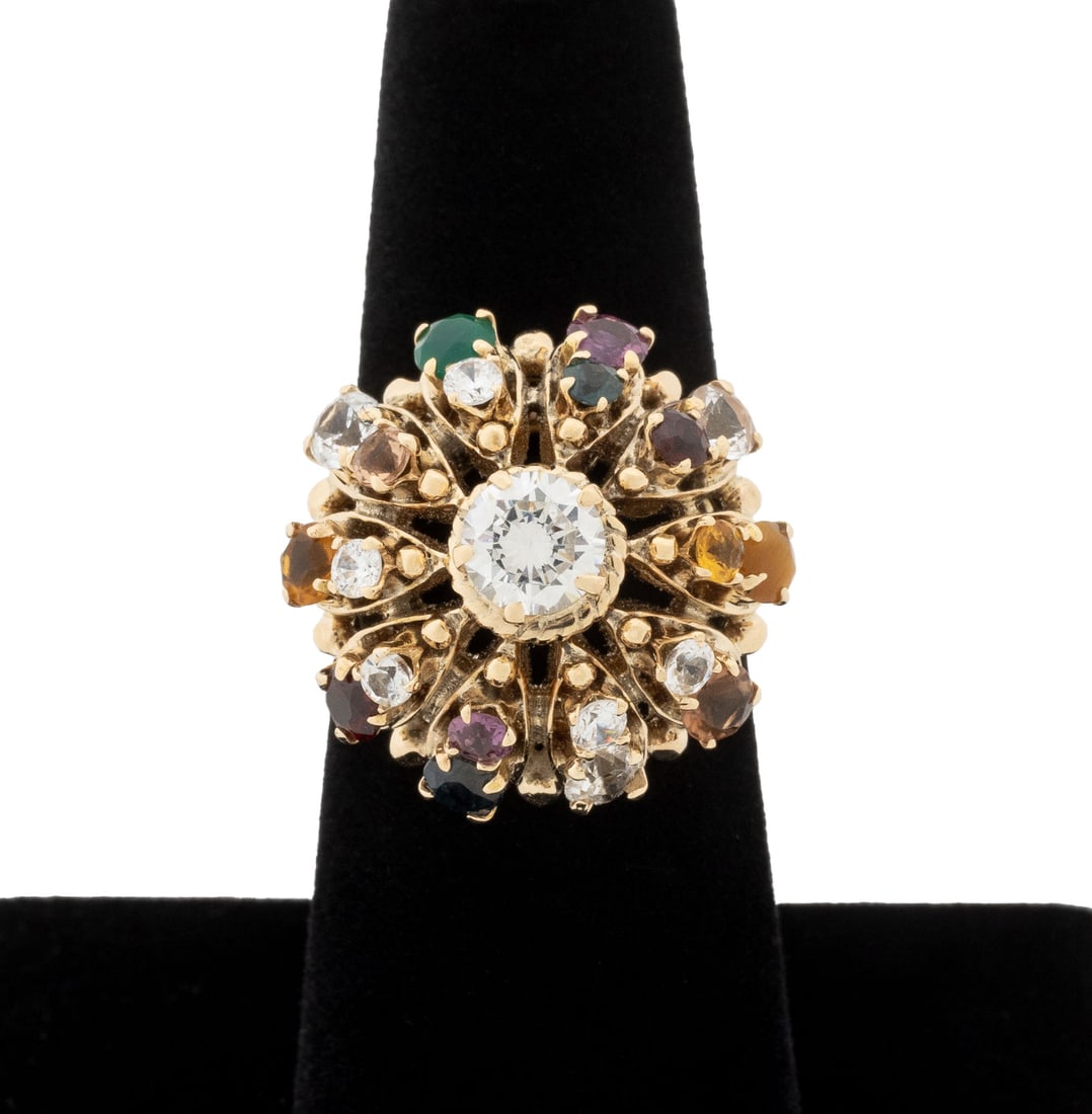 14K Yellow Gold & Multicolored Stone Cluster Ring: Thai 14K Yellow Gold and Multicolored Gemstone Cluster Ring, featuring twenty one prong set round brilliant cut diamond simulants, emeralds, garnet, quartz, and topaz, weighing a total of approx.3.00 