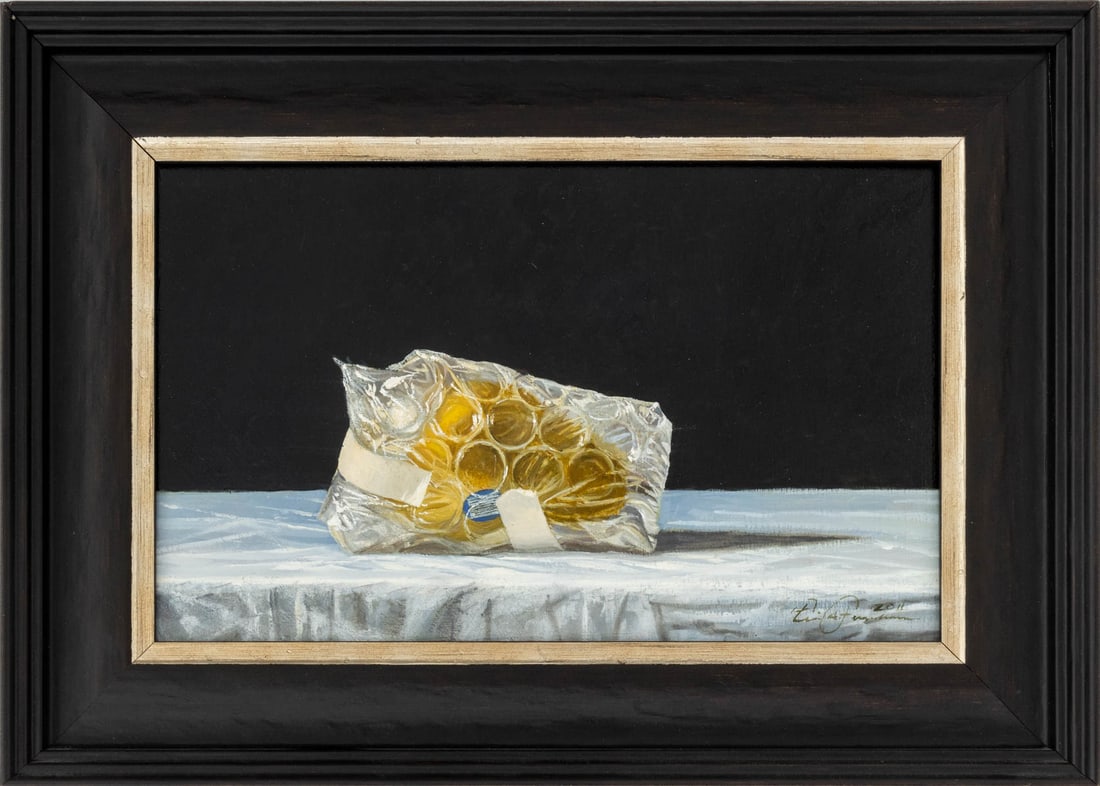 Eric Forstmann Bubble Wrapped Lemon, 2011: Eric Forstmann (American, b. 1967), Bubble Wrapped Lemon, Oil on Board, 2011, signed and dated lower right, ebonized wood frame. Image: 7.75" H x 12.75" W; frame: 12.75" x 17.75" W x 1.5" D.