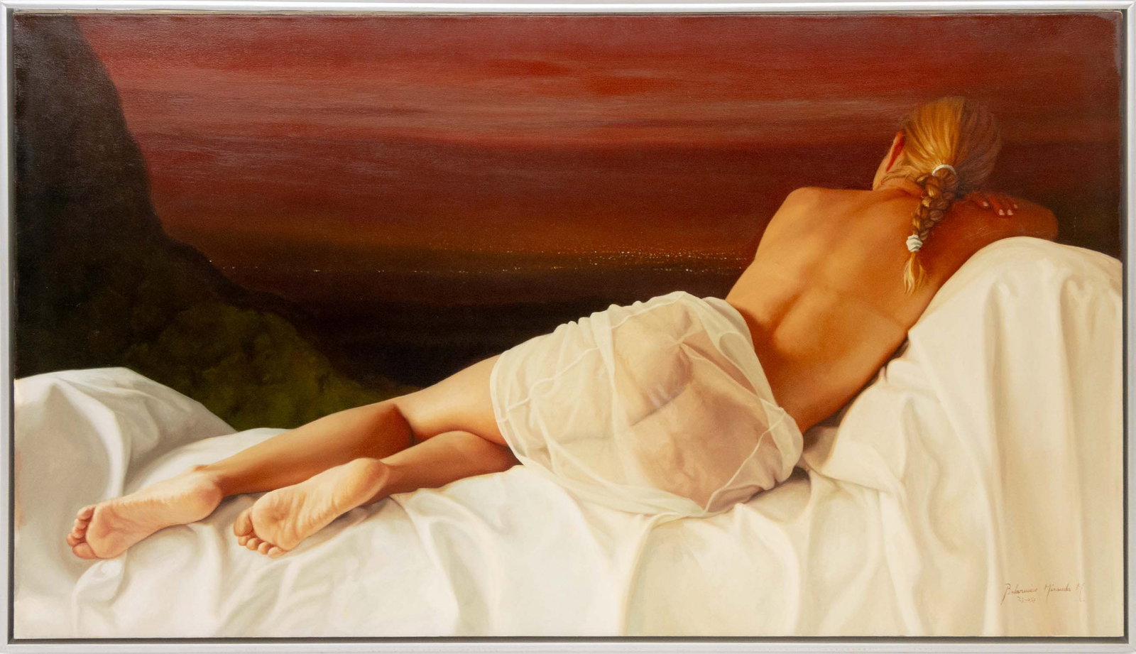 Belarmino Montoya "Alive" Oil on Canvas: Belarmino Miranda Montoya (Colombia, b. 1966), "Alive", Oil on Canvas, signed lower right, label verso, silvered wood frame. Image: 35.5" H x 63" W; frame: 37.5" H x 64.5" W x 1.5" D. Provenance: