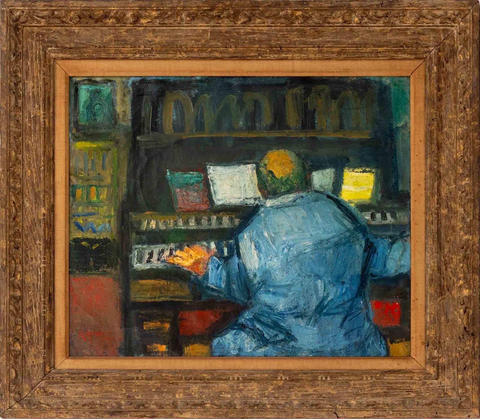 Benjamin Kopman "Man at Piano" Oil, 1946: Benjamin Kopman (Russian/American, 1887-1965), "Man at Piano", Oil on Canvas, 1946, signed lower left, signed, dated, and with A.C.A. Gallery label verso, House of Heydenryk carved wood frame. Image: