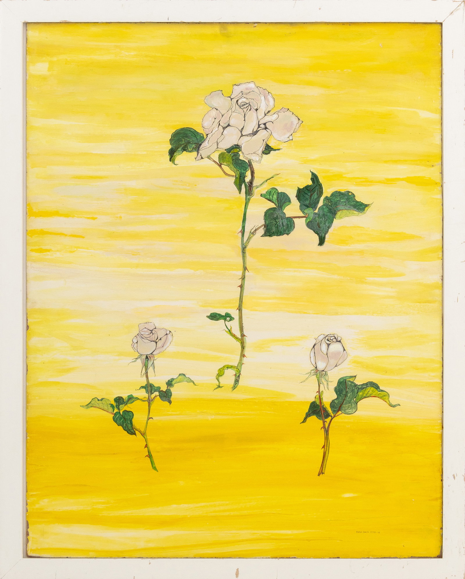 Fleur Cowles White Roses Oil on Masonite, 1969: Fleur Cowles (American, 1908-2009), White Roses on a Yellow Ground, Oil on Masonite, 1969, signed "Fleur Cowles Meyer" and dated lower right, white painted frame. Image: 36" H x 28" W; frame: 39.25" H