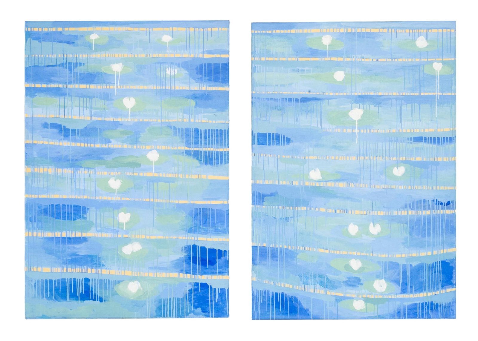 Sabine Friesicke Water Lilies Diptych Acrylic: Sabine Friesicke (German, b. 1960), Water Lilies Diptych, Acrylic on Panel, one signed. Each panel: 69.25" H x 47.5" W x 1.75" D. Provenance: From a West Village Townhouse. Keywords: Paintings, Works