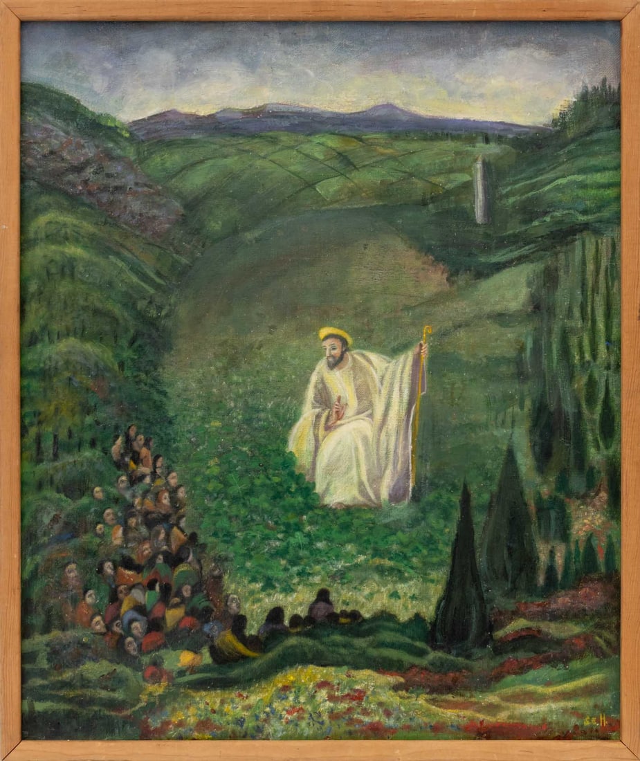 Sarah Eileen Hanley Jesus Preaching Oil on Canvas: Sarah Eileen Hanley (American, born Ireland, 1883-1958), Jesus Preaching in Open Field, Oil on Canvas, signed "SEH" lower right, wood frame. Image: 23.75" H x 19.75" W; frame: 25.25" H x 21.25" W x