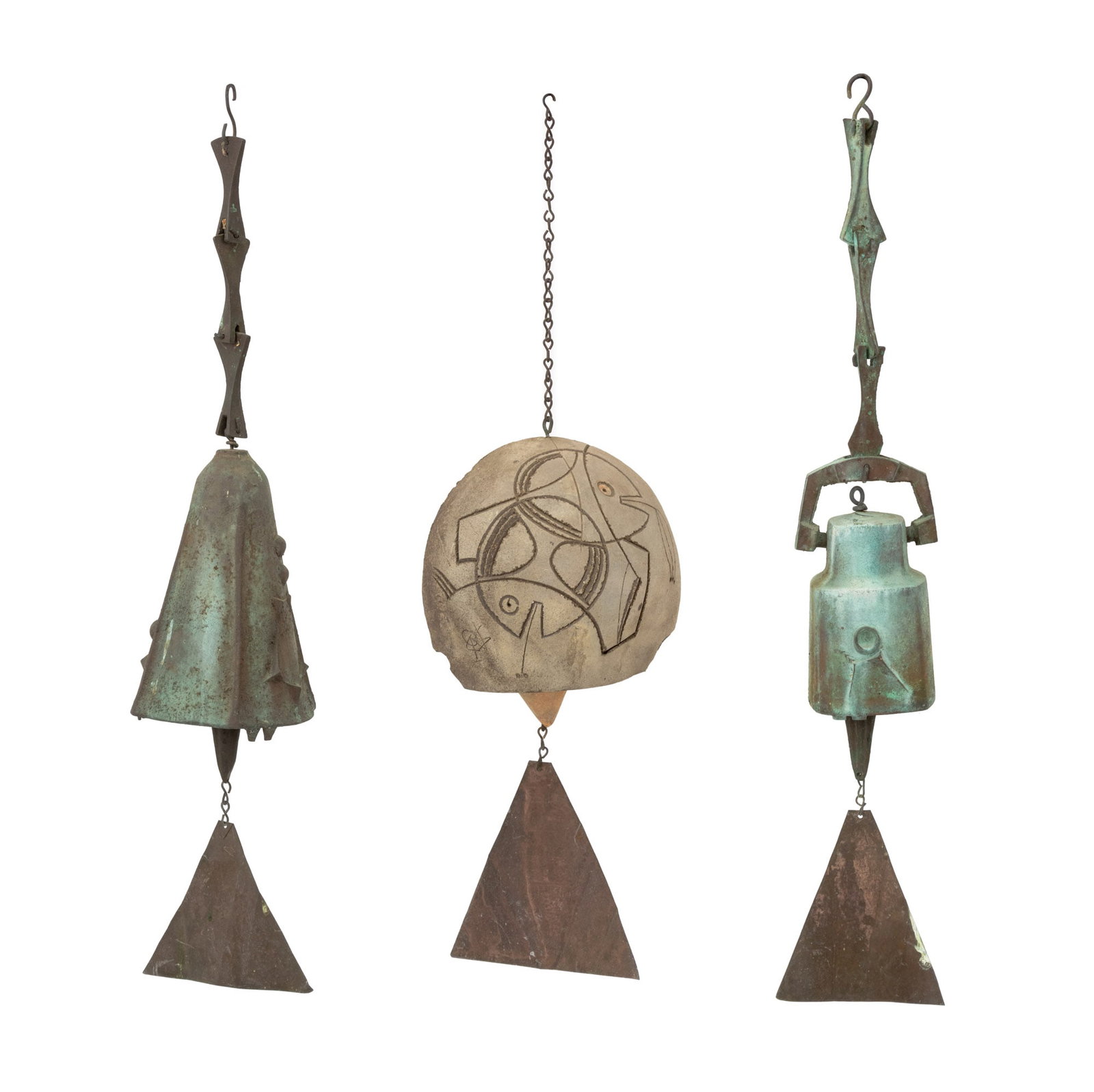 Paolo Soleri Windbells, 3: Paolo Soleri (Italian, 1919-2013) Collection of Three Windbells, one ceramic with sgrafitto decoration and incised artist's cipher signature, and two verdigris patinated bronze. Largest: 29" H x