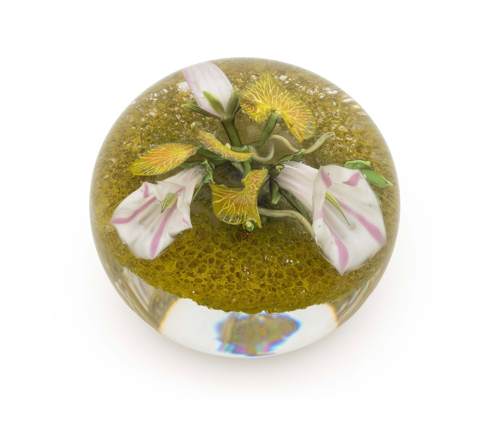 Paul Stankard Botanical Glass Paperweight, 2003: Paul Stankard (American, b. 1943) Botanical Glass Paperweight, 2003, signed and dated "Paul J. Stankard C2 2003" near base, decorated with encased white and pink morning glories and root people faces