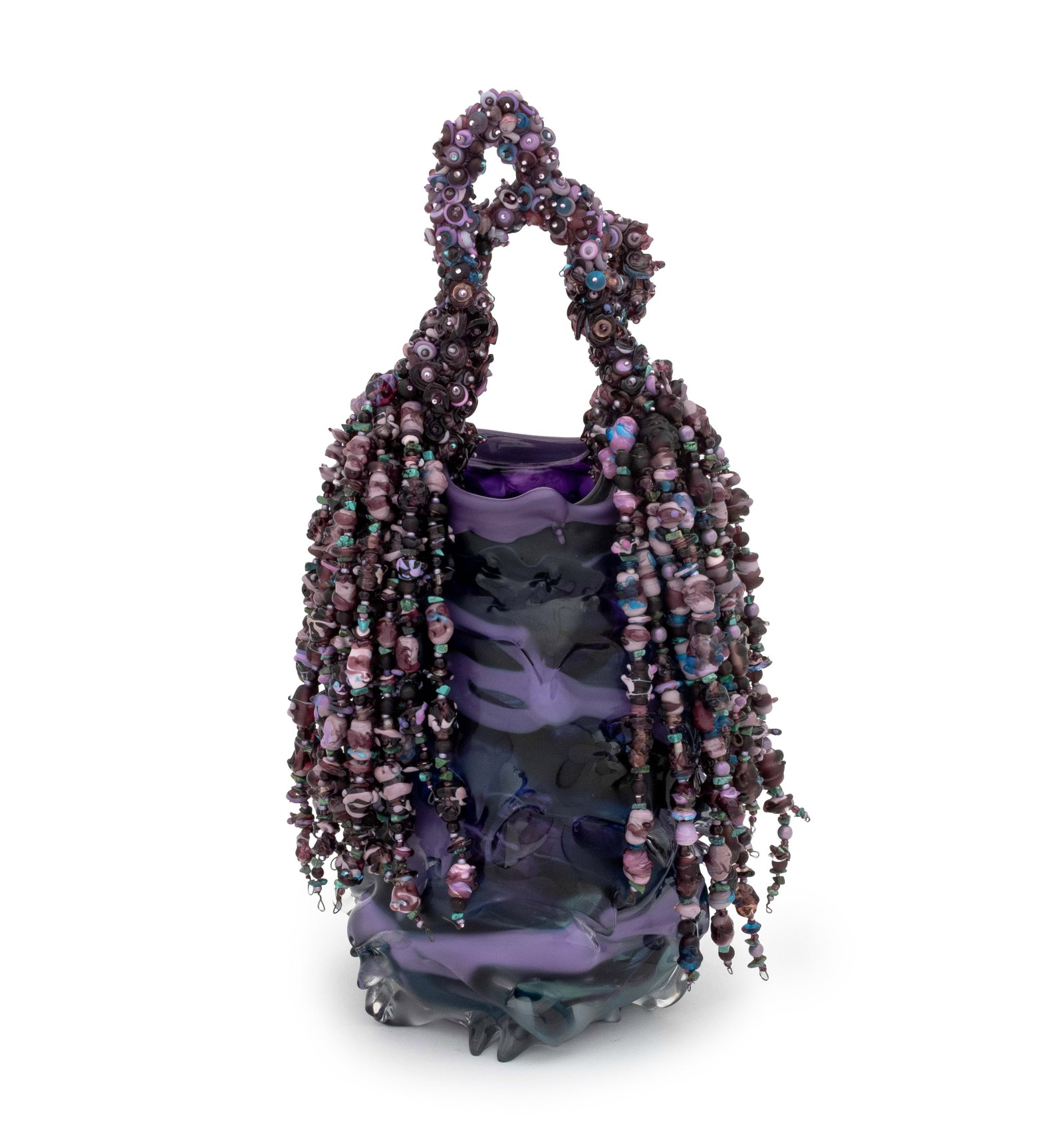 Laura Donefer "Amulet Basket" Glass Sculpture: Laura Donefer (American/Canadian) "Amulet Basket" Glass Sculpture, purple glass with turquoise beads, signed "L. Donefer" near base. 18.75" H x 11" W x 7.25" D. Provenance: From an Upper East Side