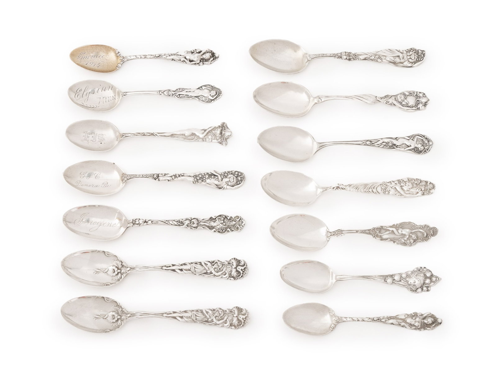 American Sterling Silver Art Nouveau Spoons, 14: Collection of 14 American Sterling Silver Art Nouveau Spoons, including: pair of Reed and Barton with woman and angel embossed handle, marked, pair of Alvin Manufacturing Co. with embossed nude woman 