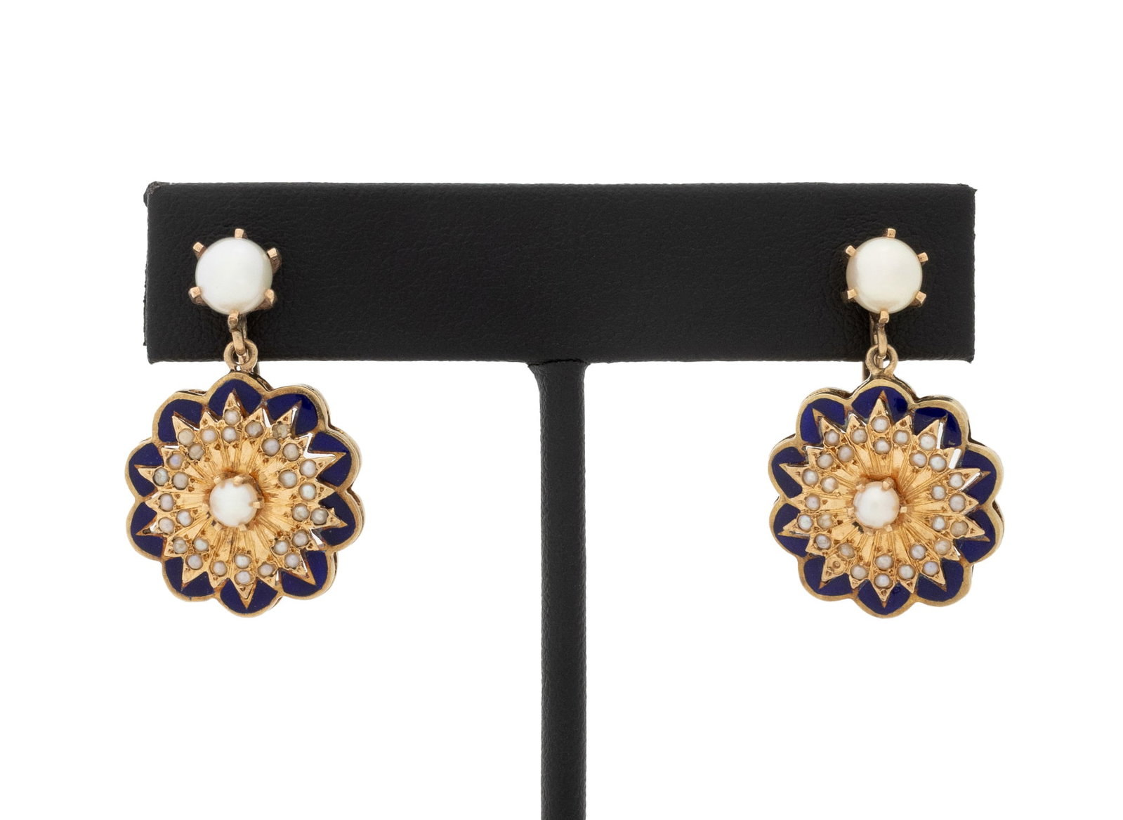 Cultured Pearl and Enameled Gold Drop Earrings: Pair of 14K Yellow Gold, Cultured Pearl, and Enamel Drop Earrings, featuring sixty four round cultured pearls approx. 1.0 - 6.0 mm., decorated with applied cobalt enamel, worn as clip-ons with screw b
