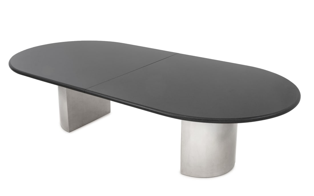 Black Marble and Chrome Twin Pedestal Dining Table: Black Marble Top Chrome Twin Pedestal Dining Table, with two demilune supports. 31" H x 119" W x 58" D. Provenance: From a Long Island Estate. Keywords: Vintage Furniture, Modern Furniture, Dining Roo