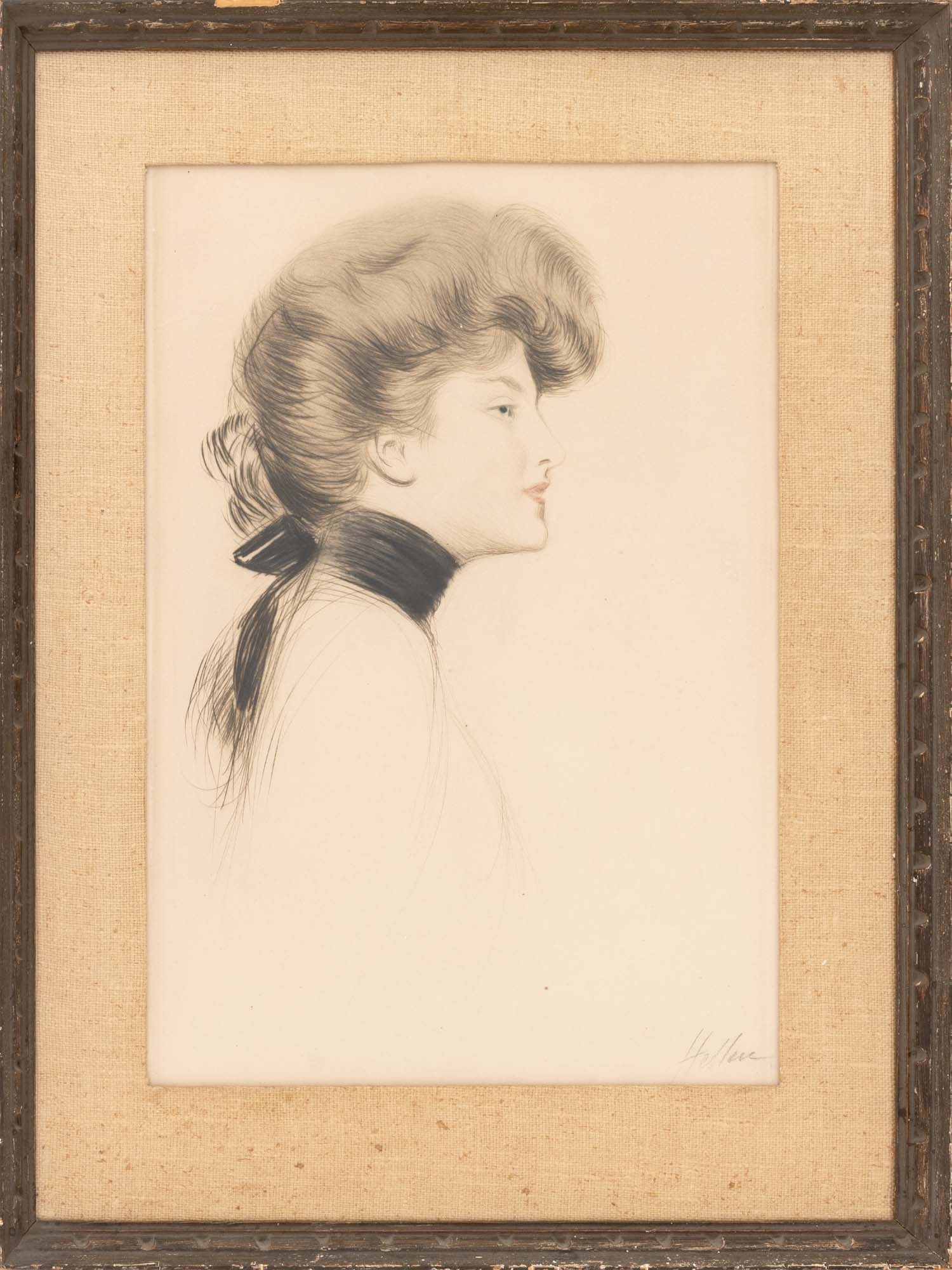 Paul Cesar Helleu "Portrait de Femme en Buste": Paul Cesar Helleu (French, 1859-1927), "Portrait de Femme en Buste, de Profil a Gauche, un tres large ruban noir de cou" [Bust Portrait of a Woman in Profile to the Left, wearing a very wide black nec