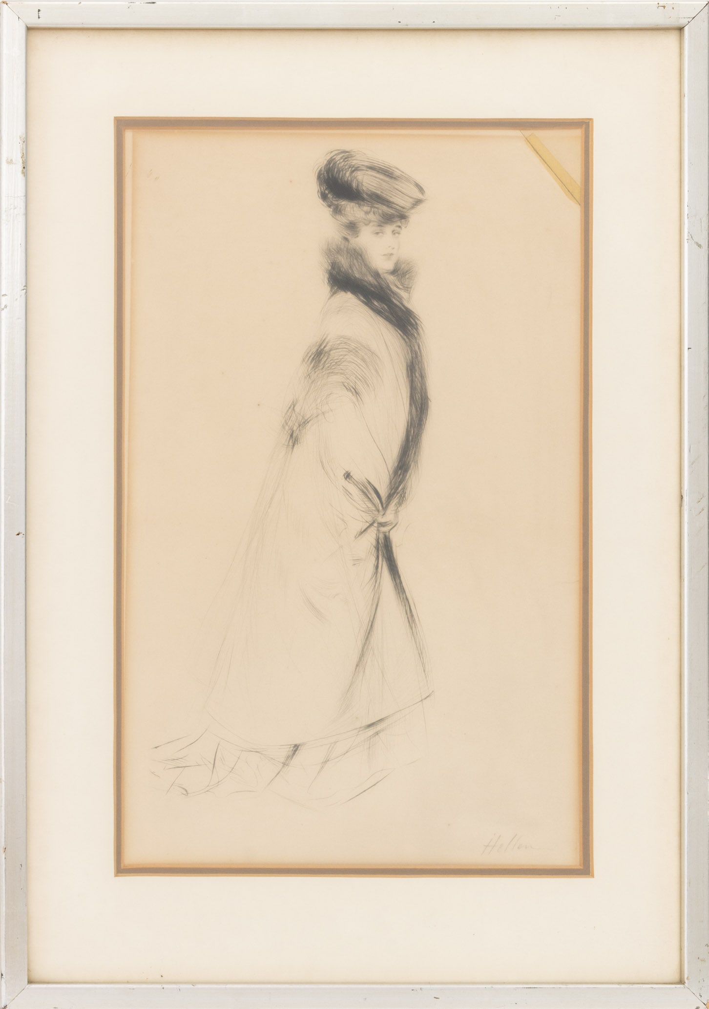 Paul Cesar Helleu Madame Letellier Drypoint, 1900: Paul Cesar Helleu (French, 1859-1927), "Portrait of Madame Letelier" or "Profile of a Standing Woman Wearing a Cloak and Hat", Drypoint on Cream Wove Paper, circa 1900, signed in pencil "Helleu" lower
