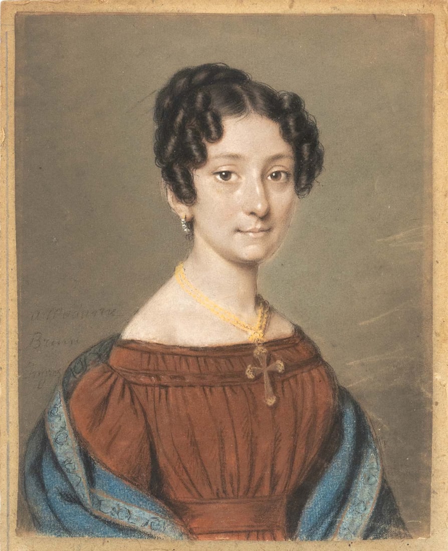 Signed Ingres Portrait of a Woman Pastel, 19th C.: 19th Century School, Portrait of a Woman, Chalk Pastel on Paper, inscribed and signed "Ingres" lower left, giltwood frame. Image: 6.5" H x 4.75" W; frame: 18.25" H x 14.75" W x 1.25" D. Provenance: Fr