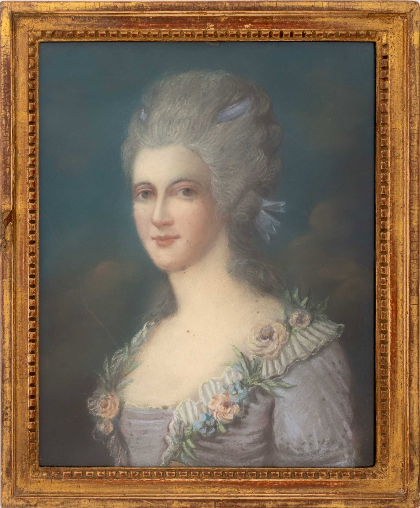 French Portrait of a Lady Chalk Pastel, 18th C.: French School, Portrait of a Lady, Chalk Pastel on Paper, 18th century, giltwood frame. Image: 13.75" H x 10.75" W; frame: 16.25" H x 13.25" W x 1" D. Provenance: From an East 79th Street Estate. Keyw