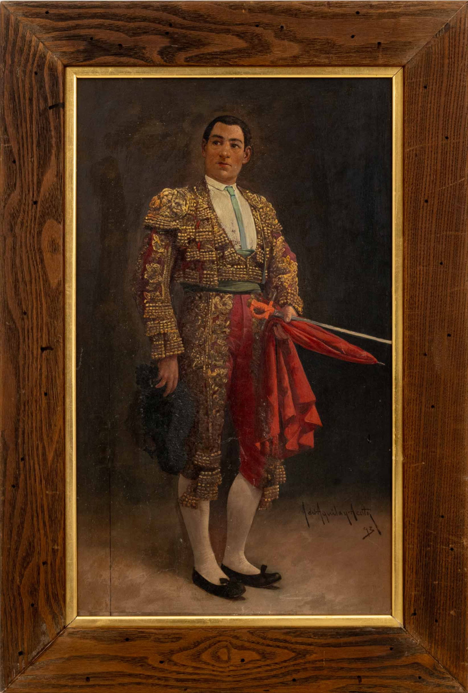 Adolfo Aguila y Acosta Matador Oil on Panel, 1893: Adolfo Aguila y Acosta (Spanish, ca. 1860-1912), Portrait of a Matador, Oil on Panel, 1893, signed and dated lower right, wood frame. Image: 20.5" H x 12" W; frame: 26.25" H x 18" W x 1" D. Provenance