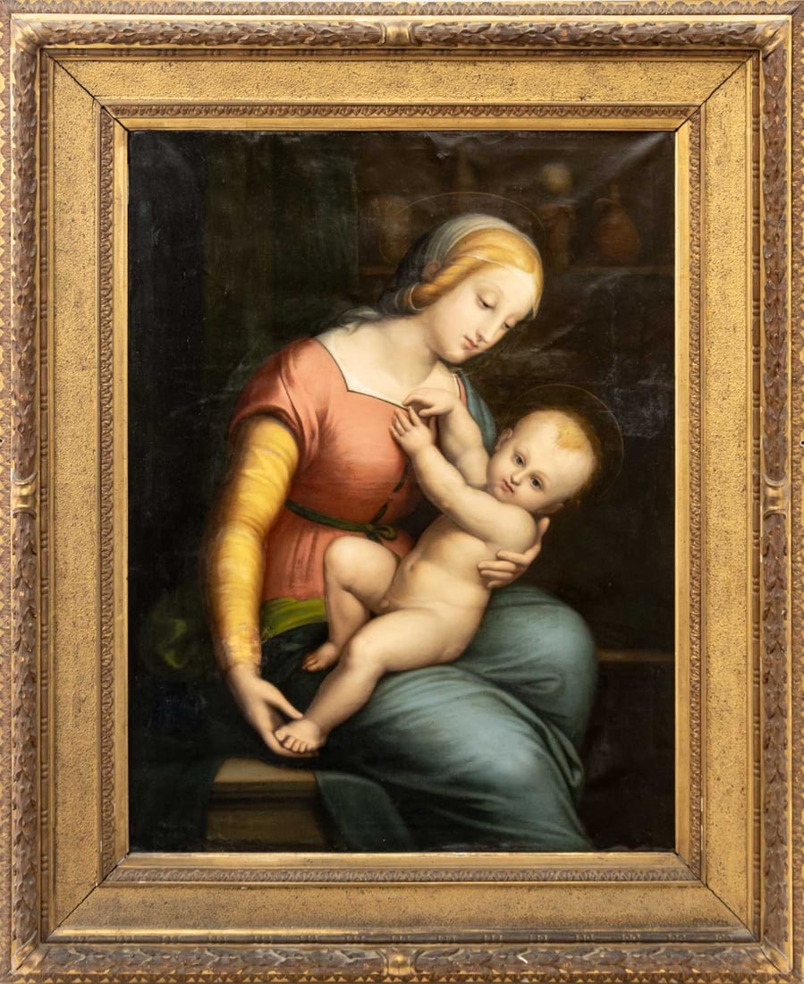 After Raphael "Orleans Madonna" Oil on Canvas: After Raphael (Italian, 1483-1520), "Orleans Madonna", Oil on Canvas, 19th century, unsigned, inscribed "John H. Sheehan / Utica" verso, giltwood frame. 38.75" H x 29.5" W; frame: 53" H x 43.75" W x 3