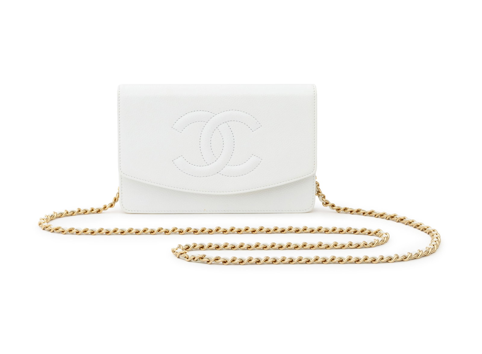 Chanel Caviar Timeless CC Wallet on Chain in White: Chanel Caviar Timeless CC Wallet on Chain in White Leather, the gold-tone and leather crossbody strap, fold-over top with embossed "CC" logo, opening to divided cream lined interior, with authenticati